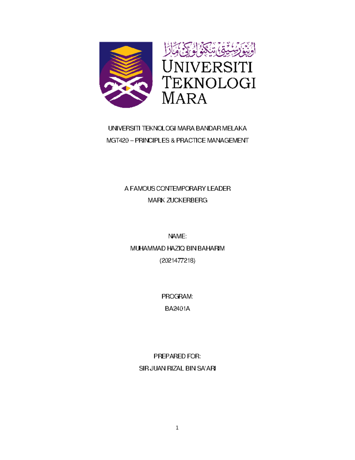 Leadership Assignment Mgt420 Principles And Practice Of Management