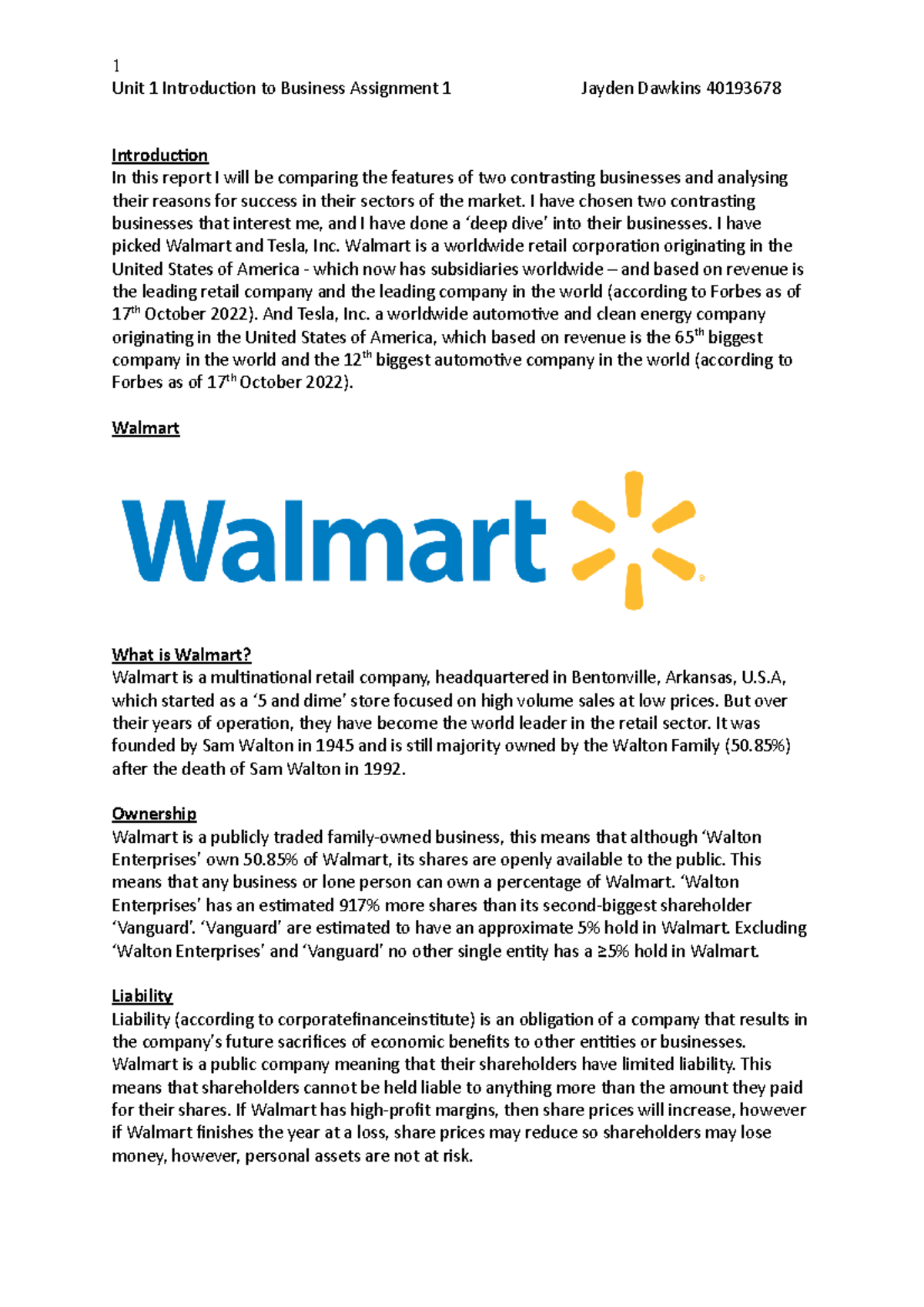 Unit 1 Business Assignment 1: Contrast of Walmart & Tesla - Studocu