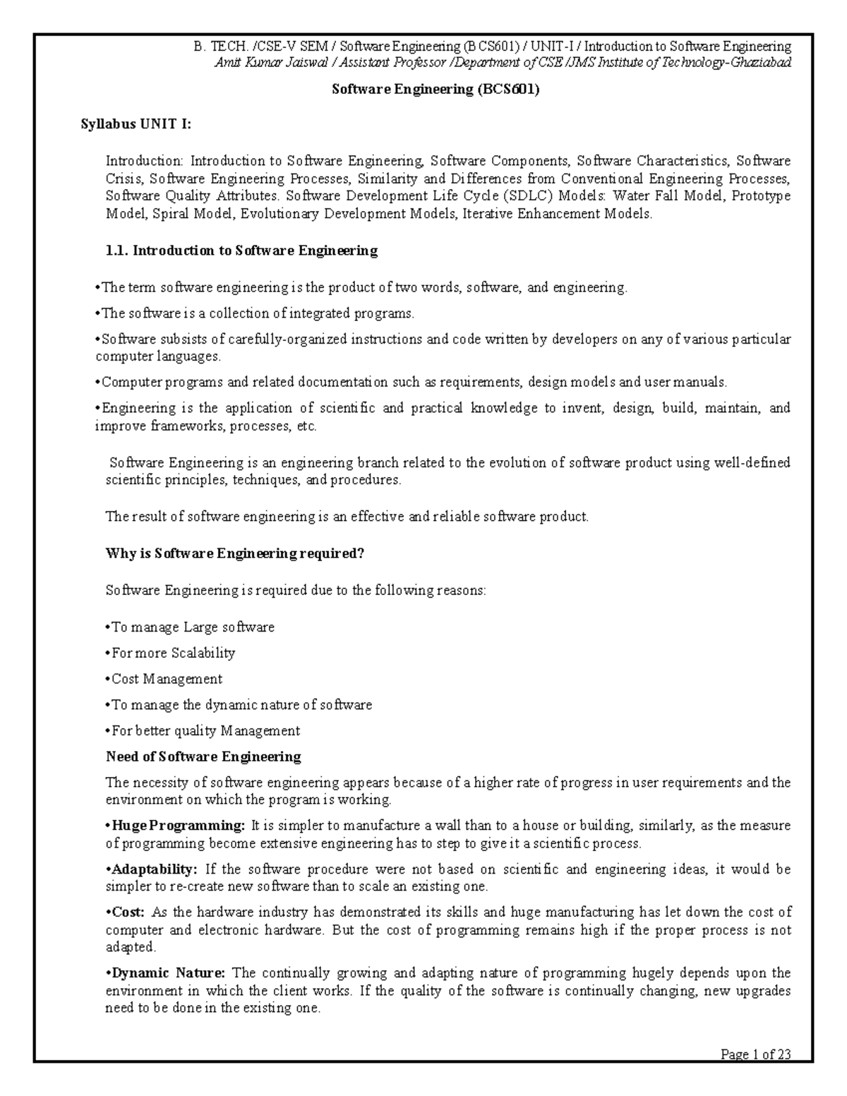 Software Engineering (BCS601) Unit 1 Notes: Introduction & SDLC Models ...