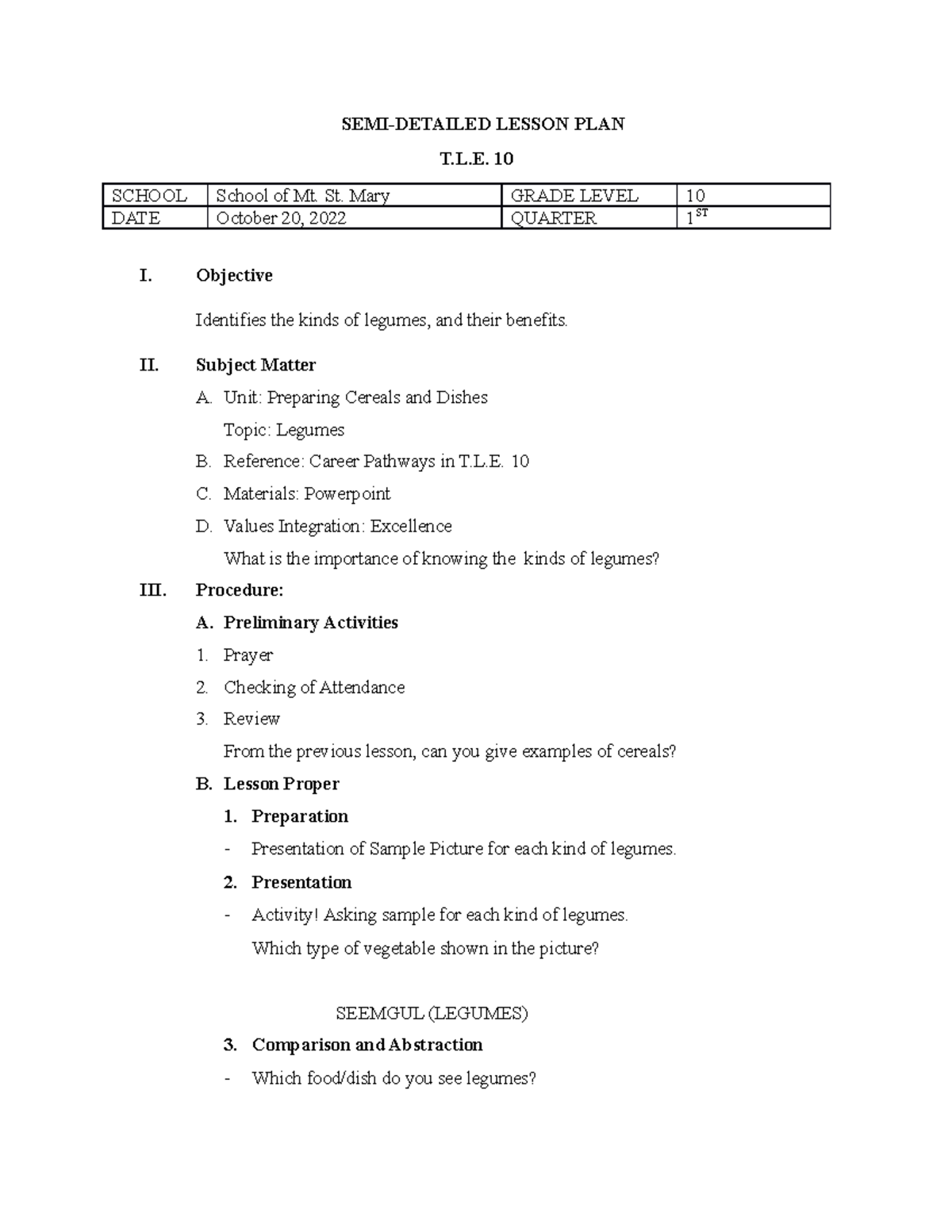 Semi-Detailed Lesson Plan on Legumes - TLE 10 - Studocu
