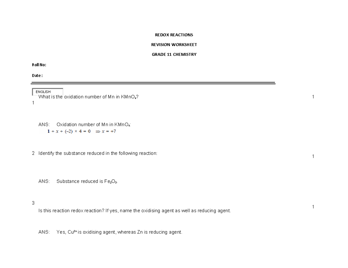 Redox Reactions Revision Worksheet - Grade 11 Chemistry - Studocu