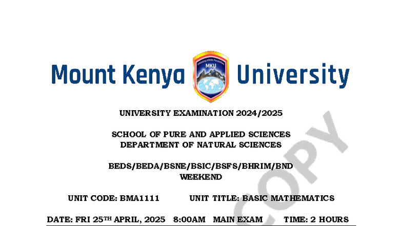 BMA1111 Basic Mathematics Weekend Exam Paper - Studocu