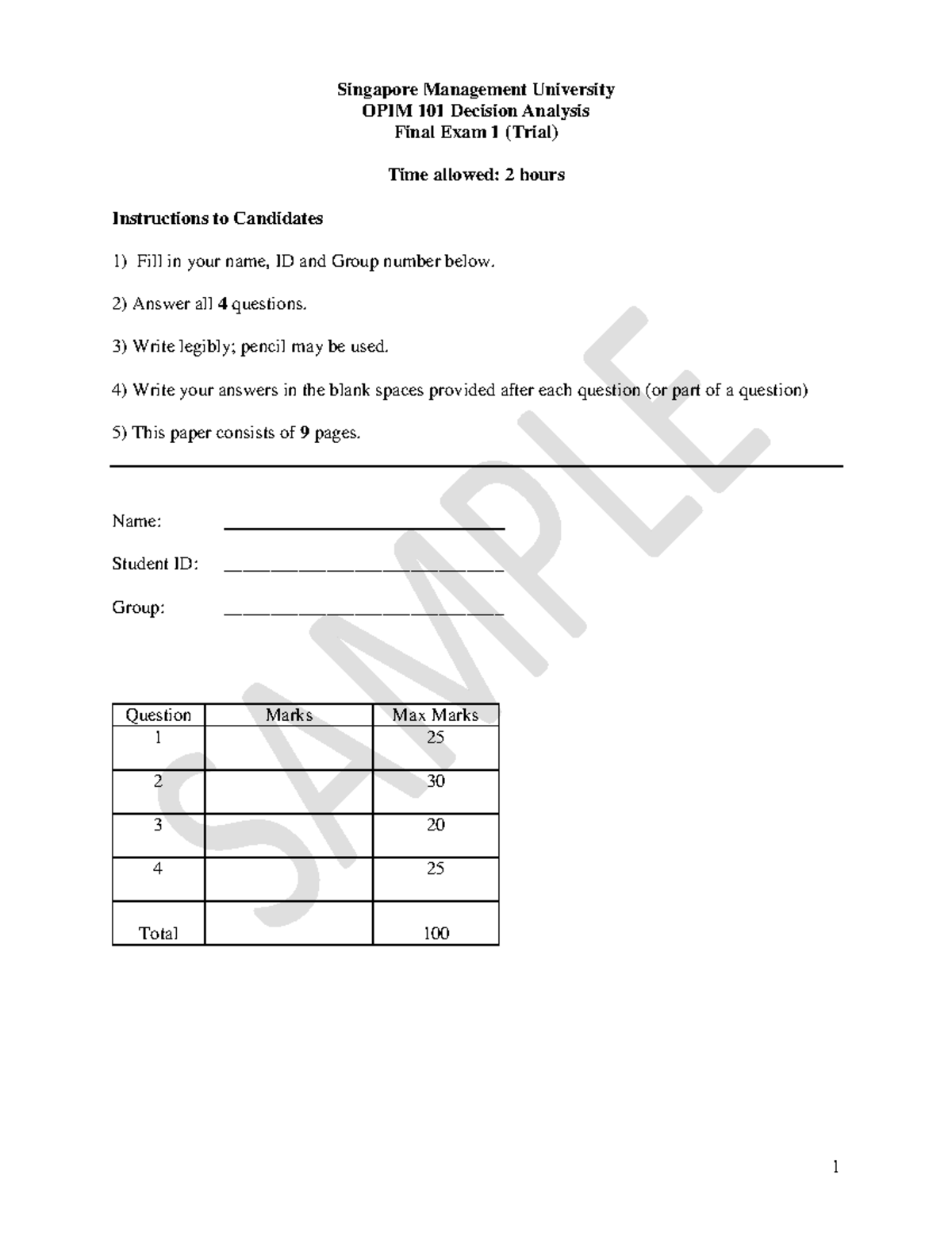 Final Exam Trial OPIM 101 Sem 1 2016 - Decision Analysis Insights - Studocu