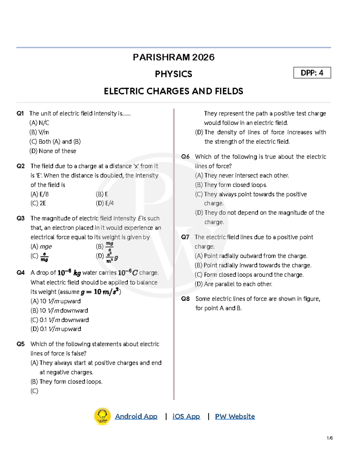 Electric Charges and Fields DPP 04 - Physics 2026 - Studocu