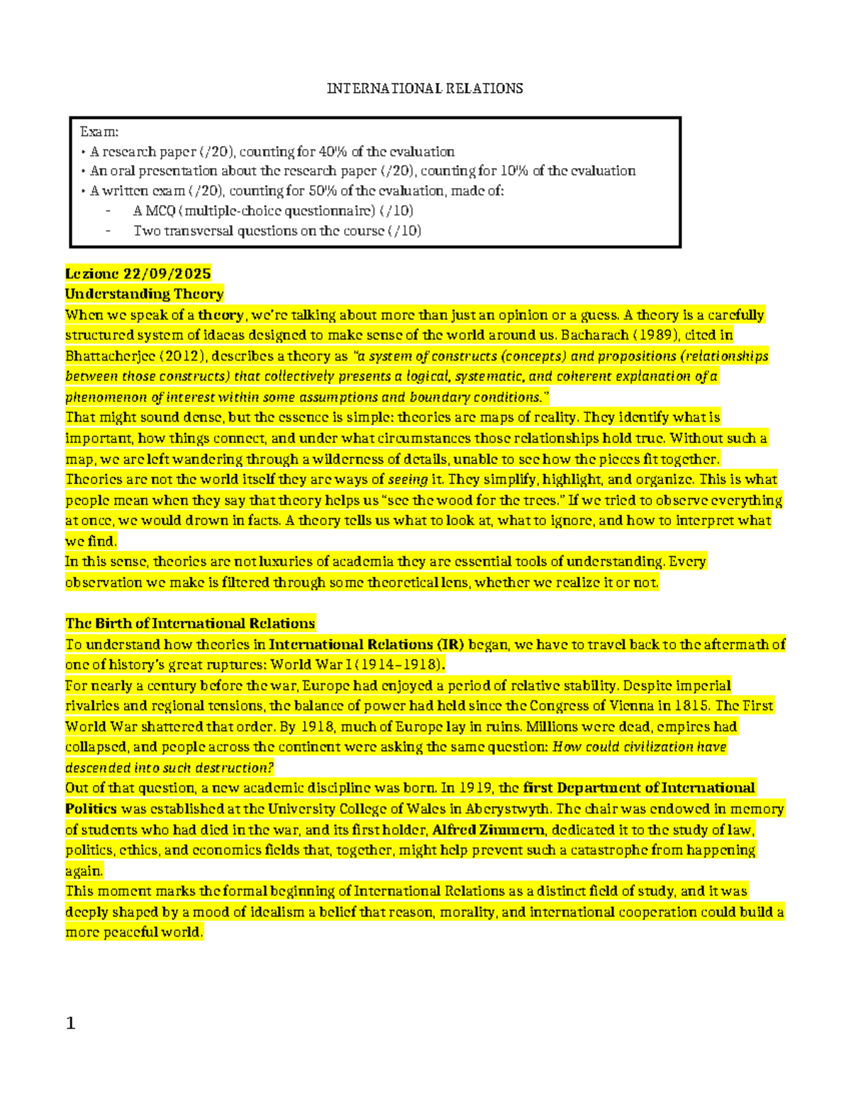 INTERNATIONAL RELATIONS (IR) Final Exam: Theories and Key Concepts ...