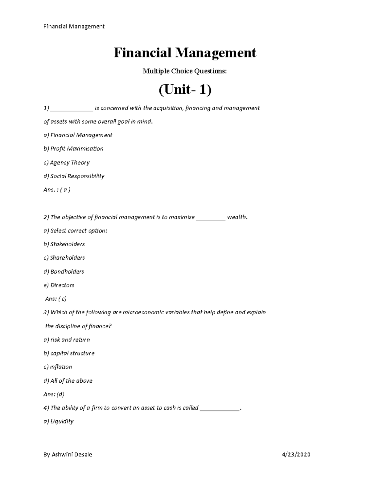 Finanacial management MCQ - Financial Management Multiple Choice ...