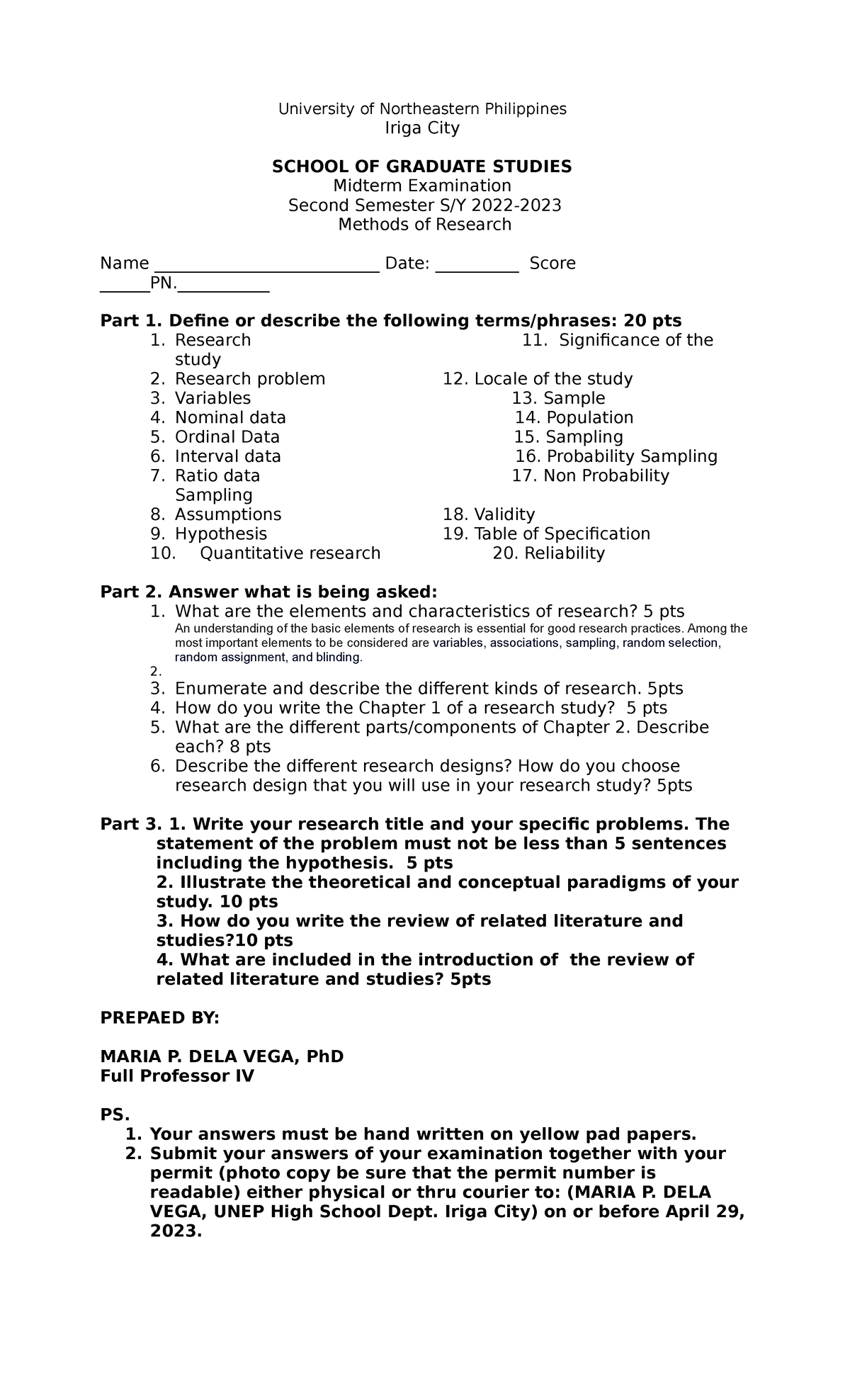 Midterm Exam 2022-23 in Methods of Research - Northeastern Philippines ...