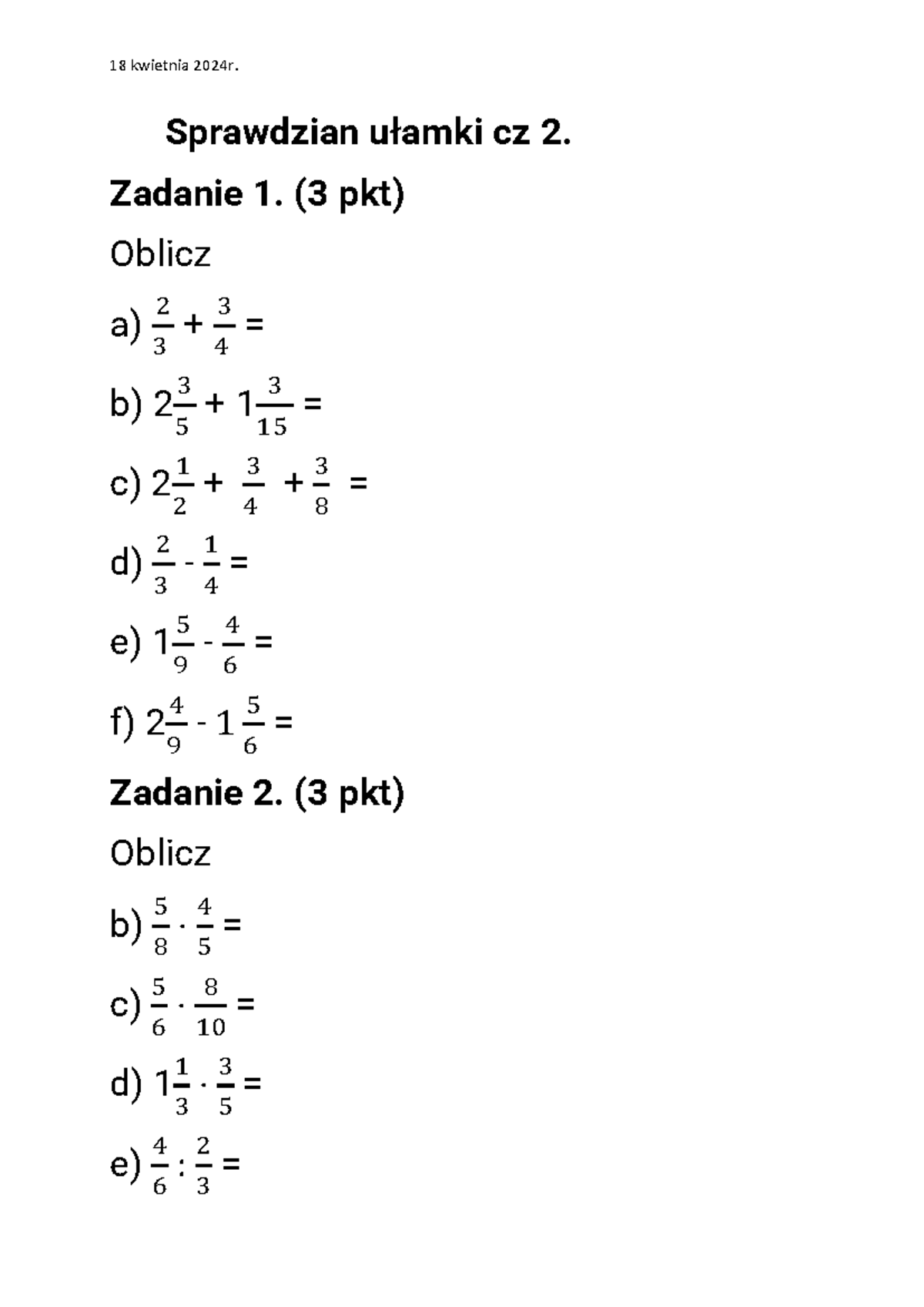 Same Quizy Sprawdzian Z Ułamków Zwykłych www.studocu.com