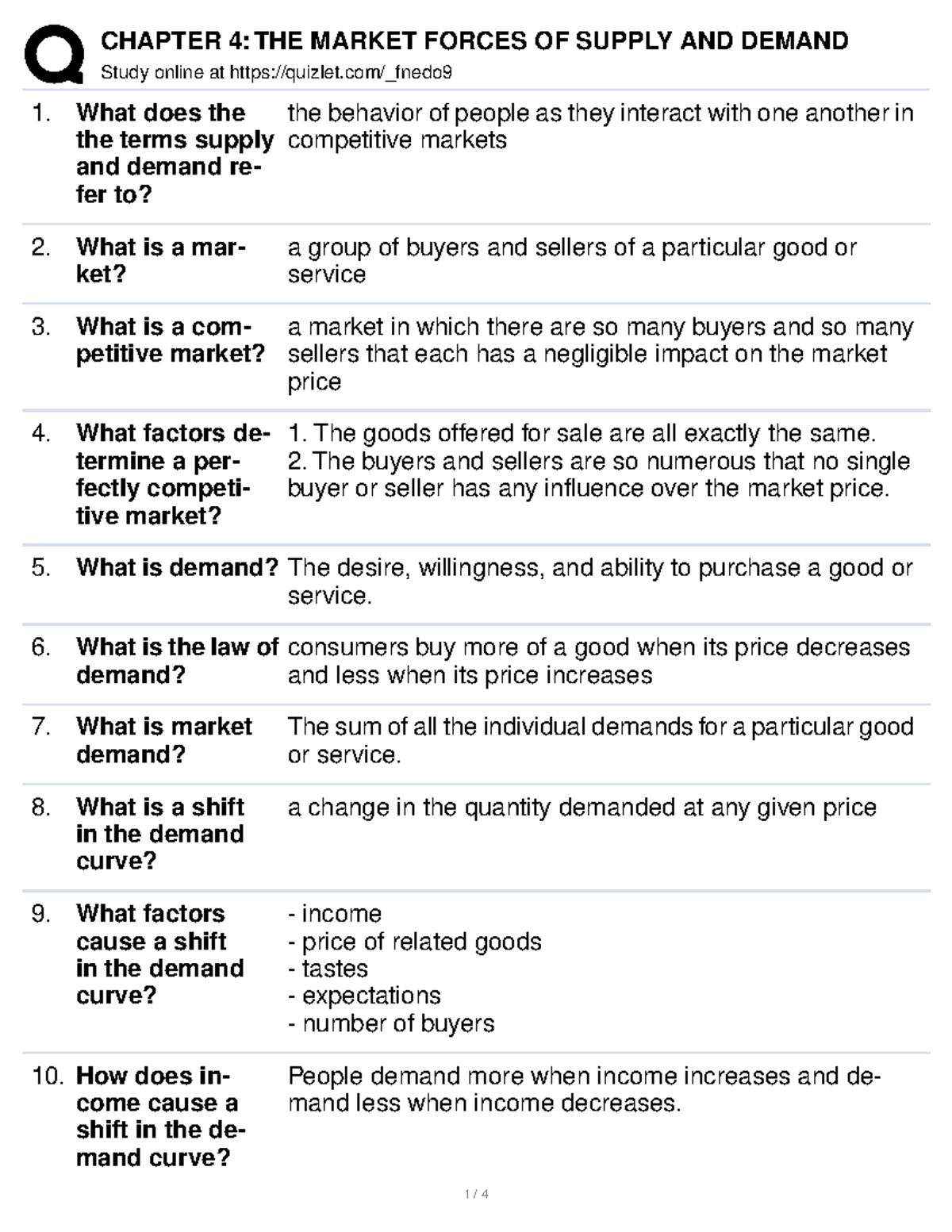 ECON 101: Chapter 4 Review - Supply and Demand Concepts - Studocu