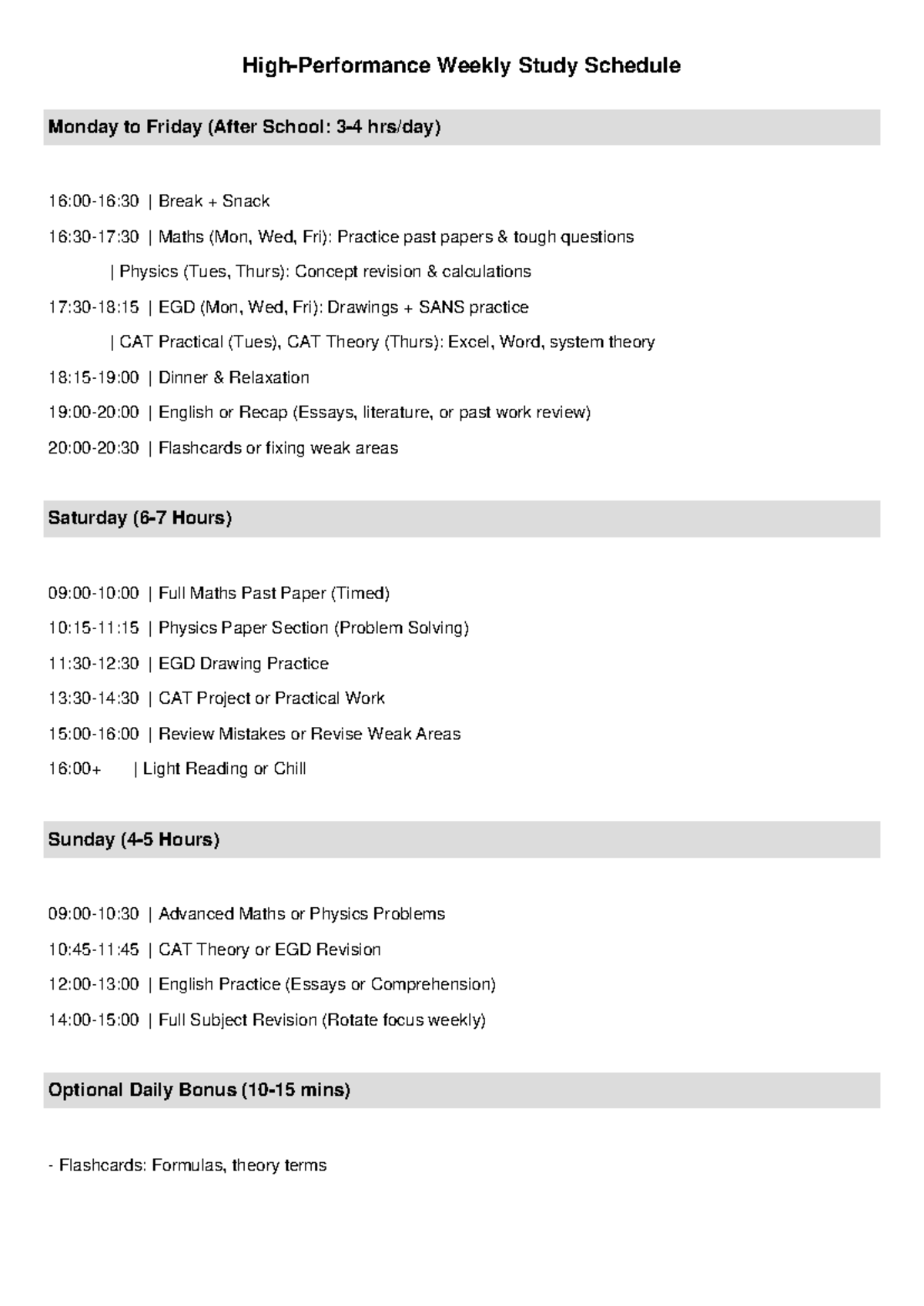 Weekly Study Schedule for Matric High Performance Students - Studocu