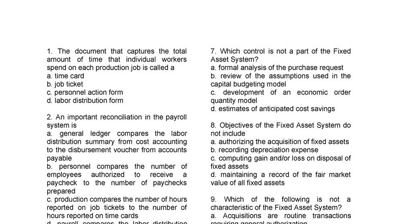 203 Part II Midterm Practice Test: Payroll & Fixed Asset Systems - Studocu