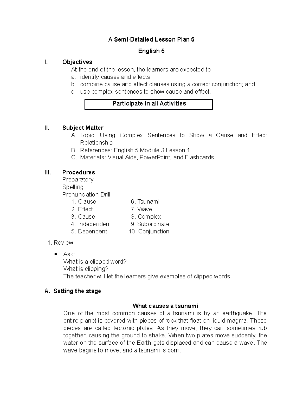 English 5 - Cause and Effect: Semi-Detailed Lesson Plan - Studocu