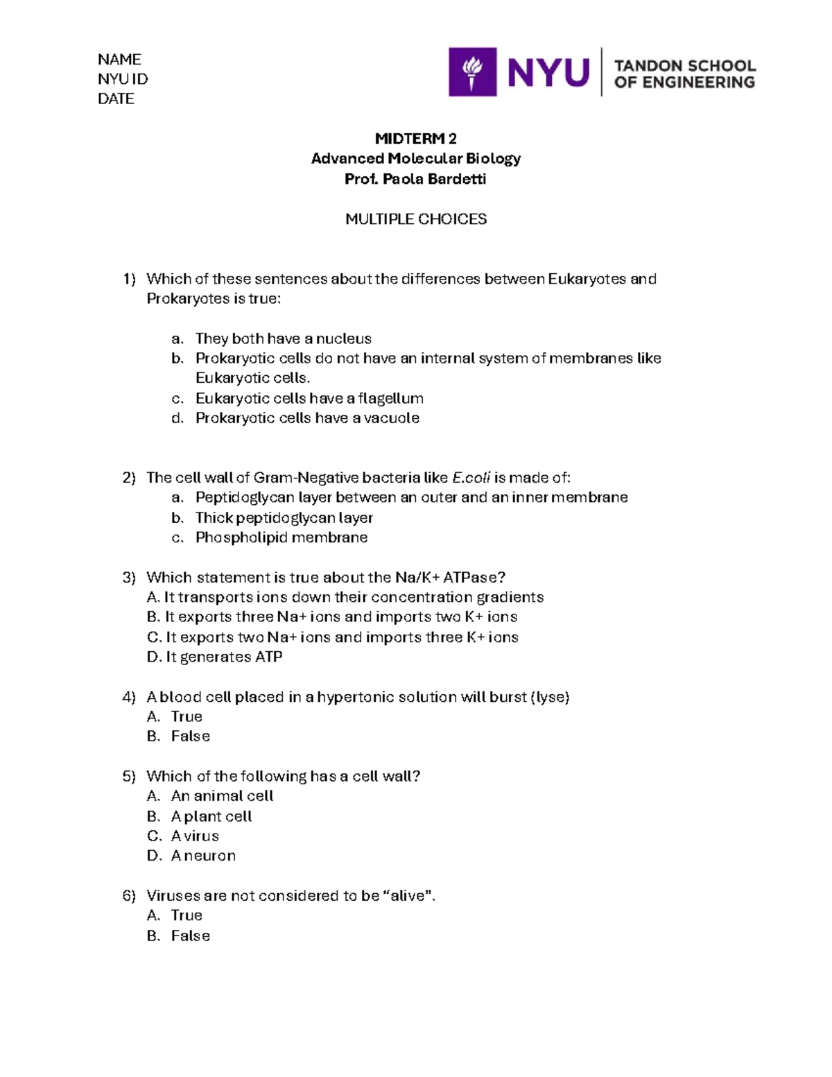 Fall 2023 BIO 101: Introduction to Cell and Molecular Biology Midterm 1 ...