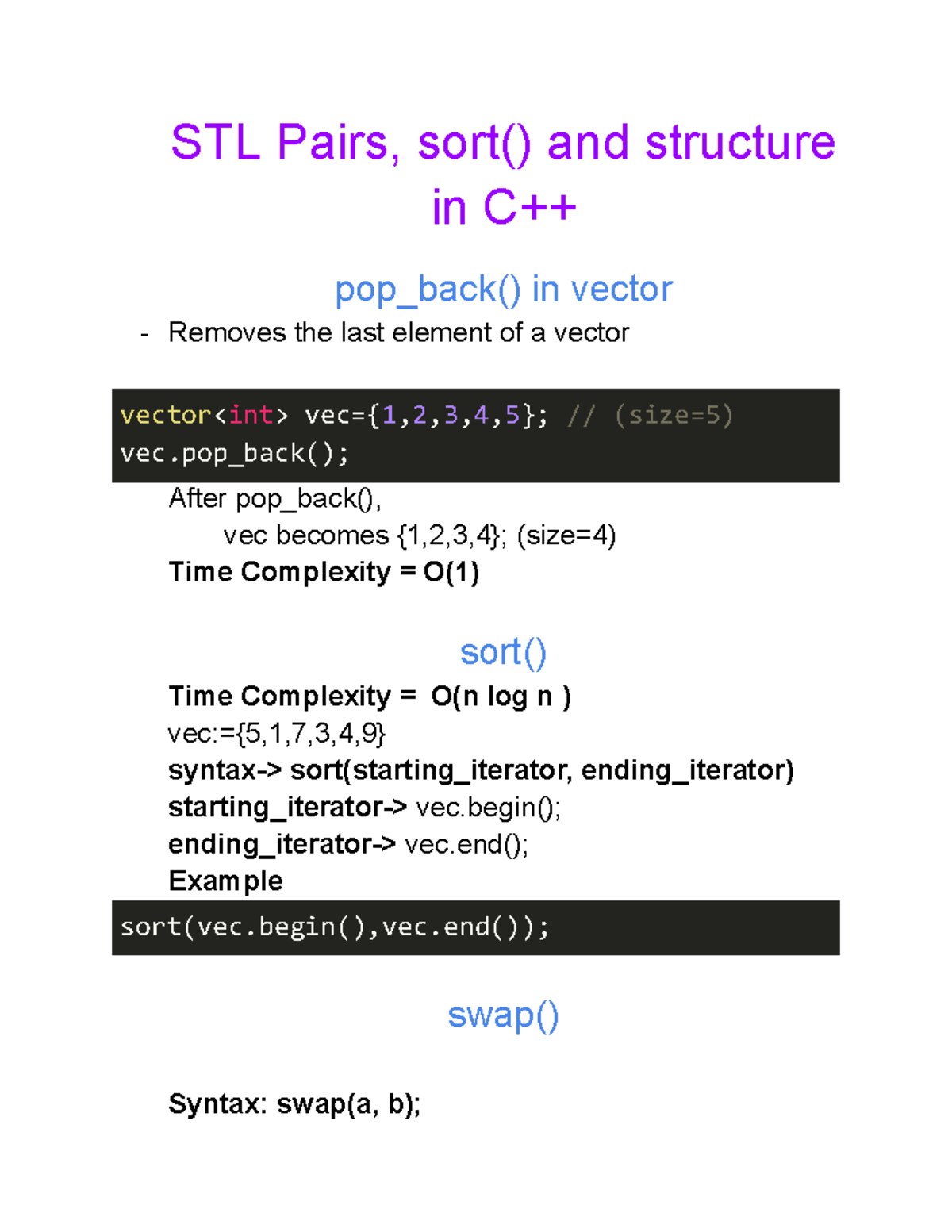 Code ISM Class 4: STL Pairs, sort() & structure in pop_back() - Studocu
