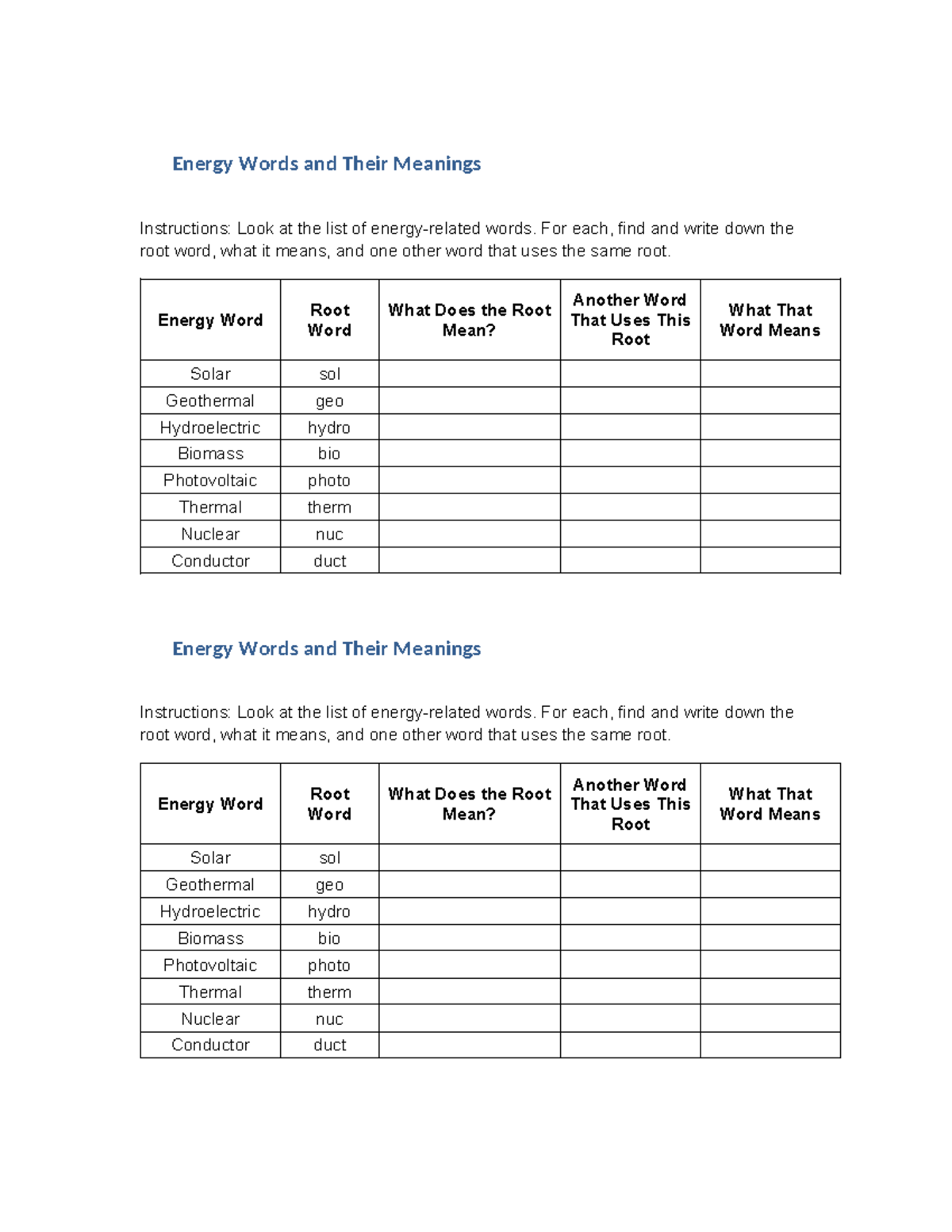Energy Root Word Worksheet: Understanding Energy Terms - Studocu