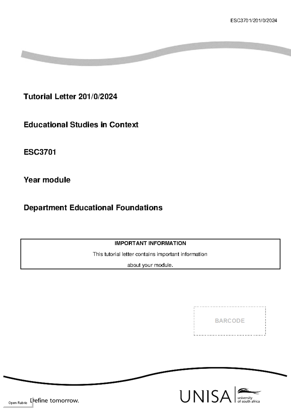 ESC3701 2024 Tutorial Letter: Important Info & Assignment Guidance ...