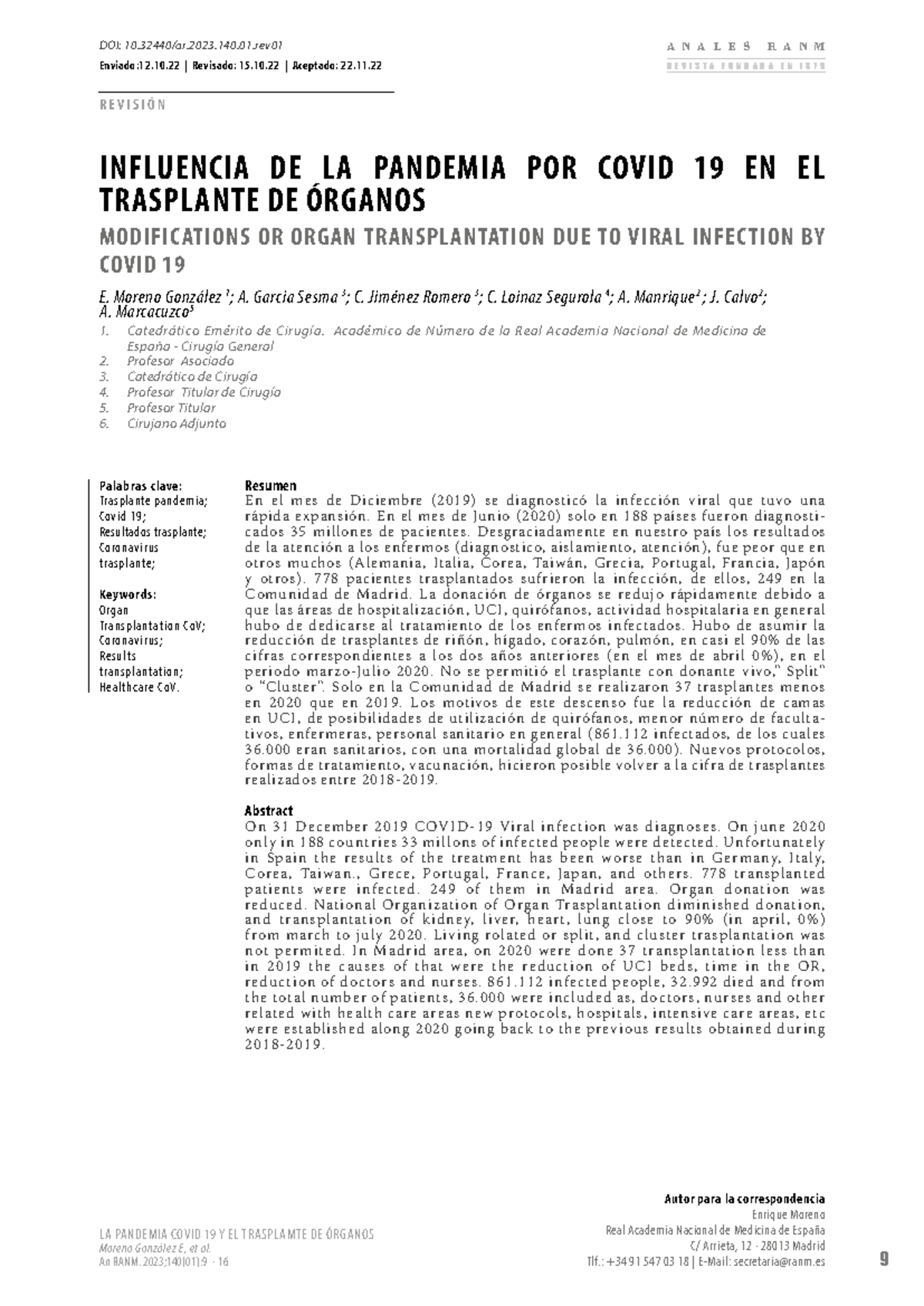 Influencia de la Pandemia COVID-19 en el Trasplante de Órganos - An ...