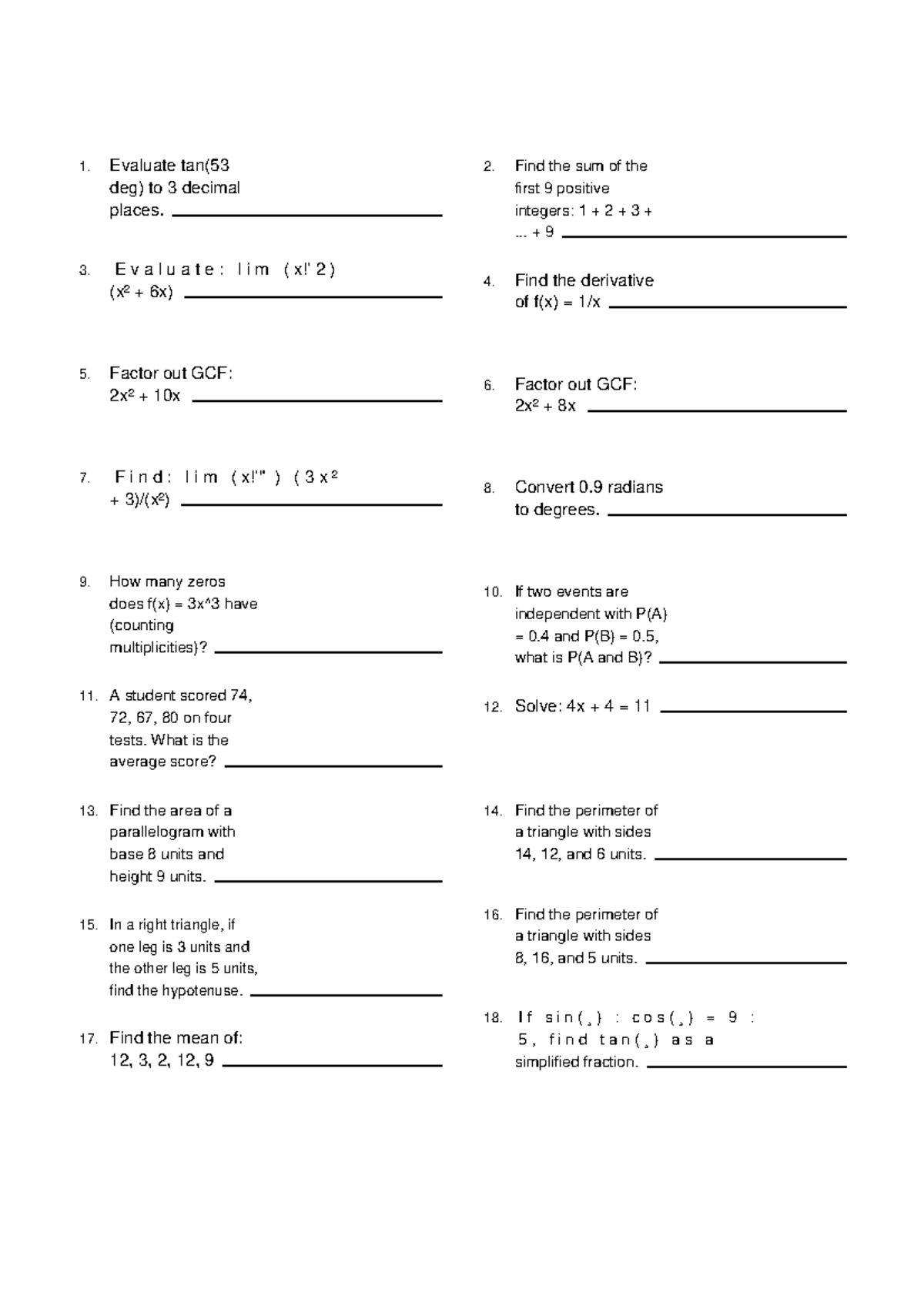 Finance WS: Math Evaluation & Problem Solving Guide - Studocu