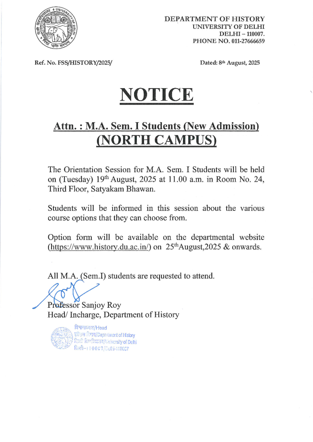 M.A. Sem. I Orientation Notice - North Campus - Studocu