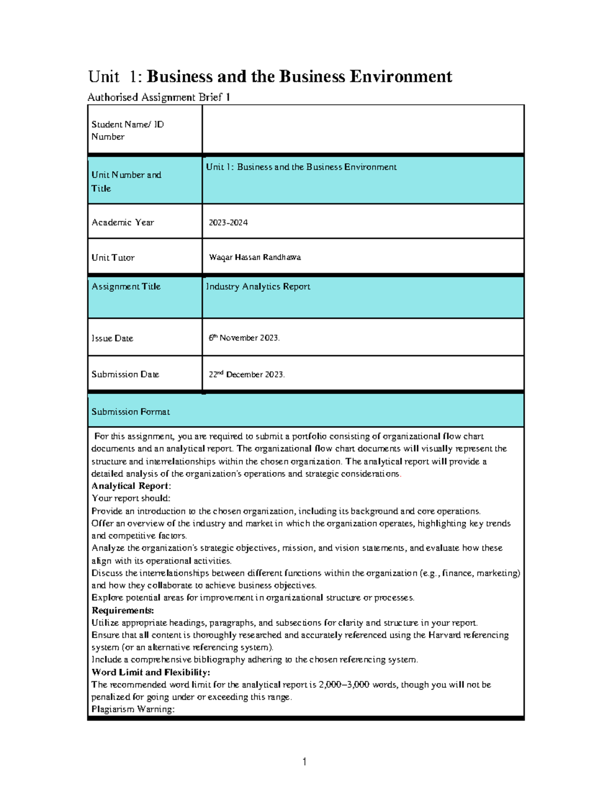 Assignment Brief: Industry Analytics Report for Unit 1 BBE - Studocu