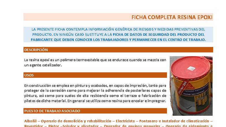 Ficha Completa de Seguridad: Resina Epoxi y Medidas Preventivas - Studocu