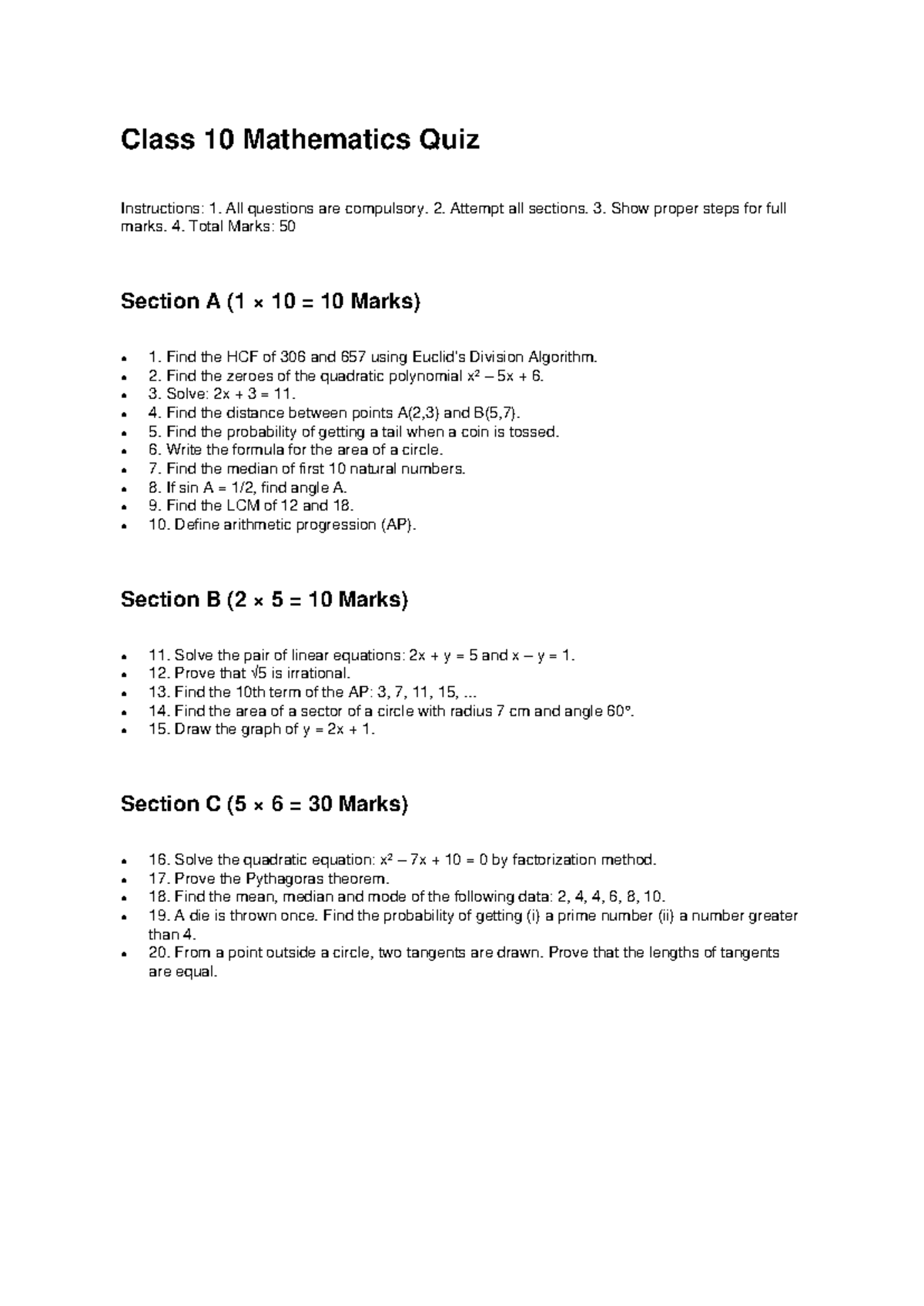 Class 10 Mathematics Quiz Instructions and Questions - Studocu