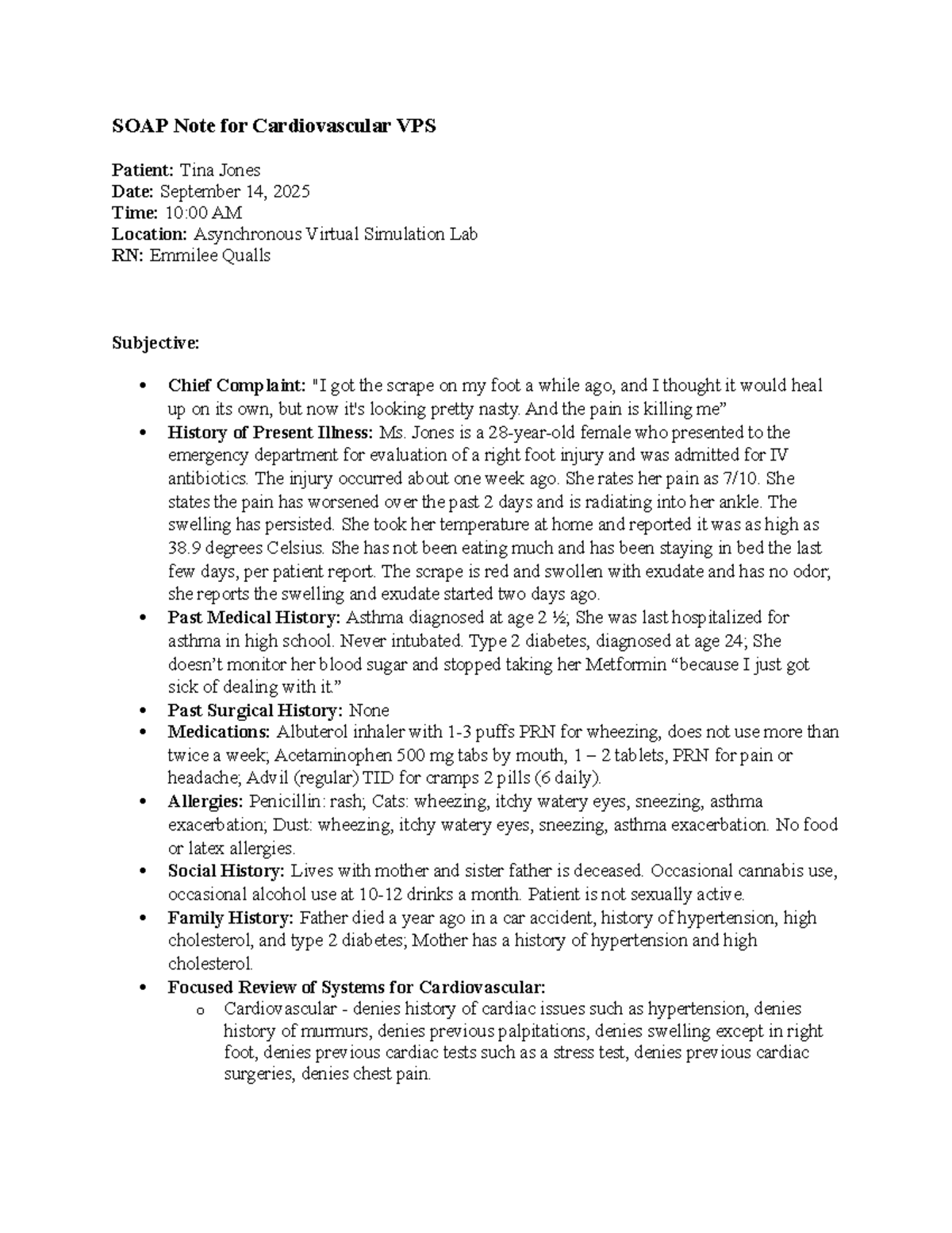 SOAP Note for Cardiovascular Patient: Tina Jones - Sept 14, 2025 - Studocu