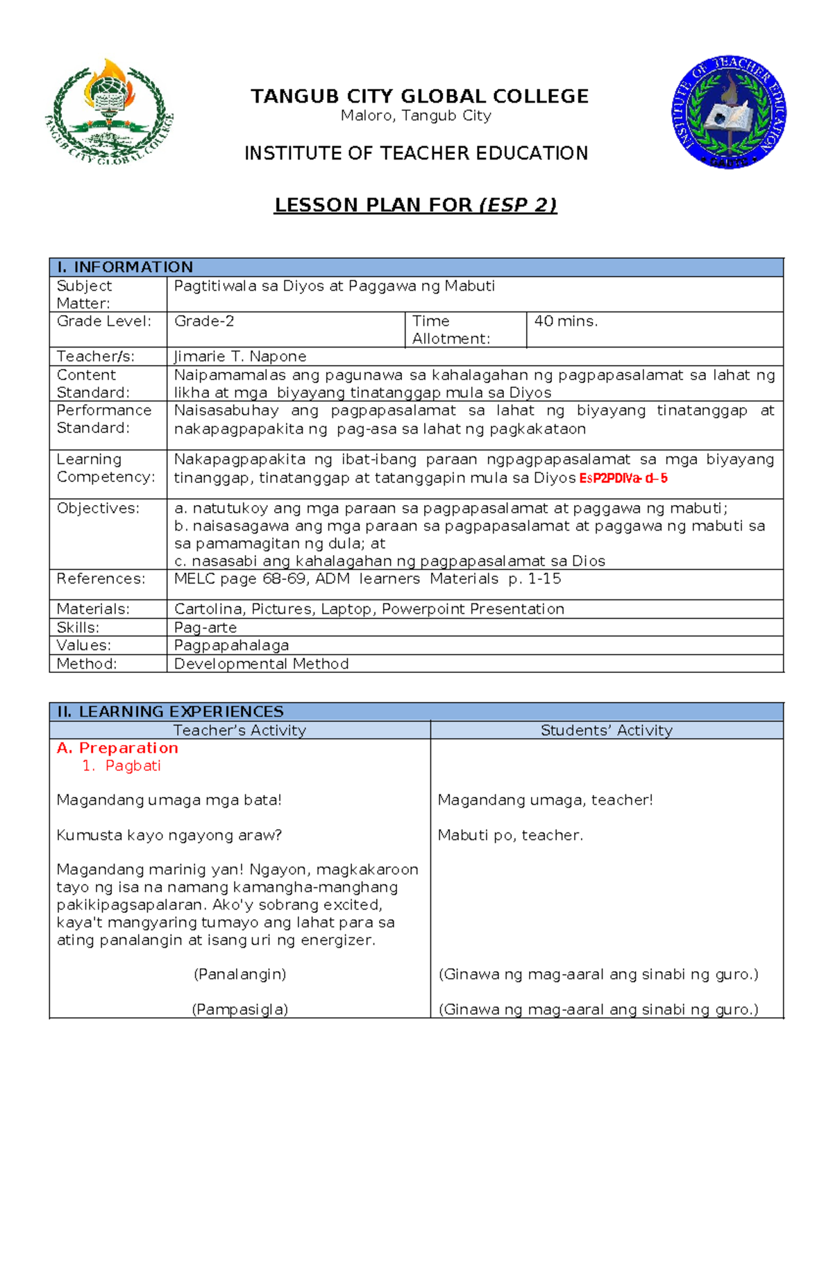 ESP 2 Lesson Plan: Pagtitiwala sa Diyos at Paggawa ng Mabuti - Studocu