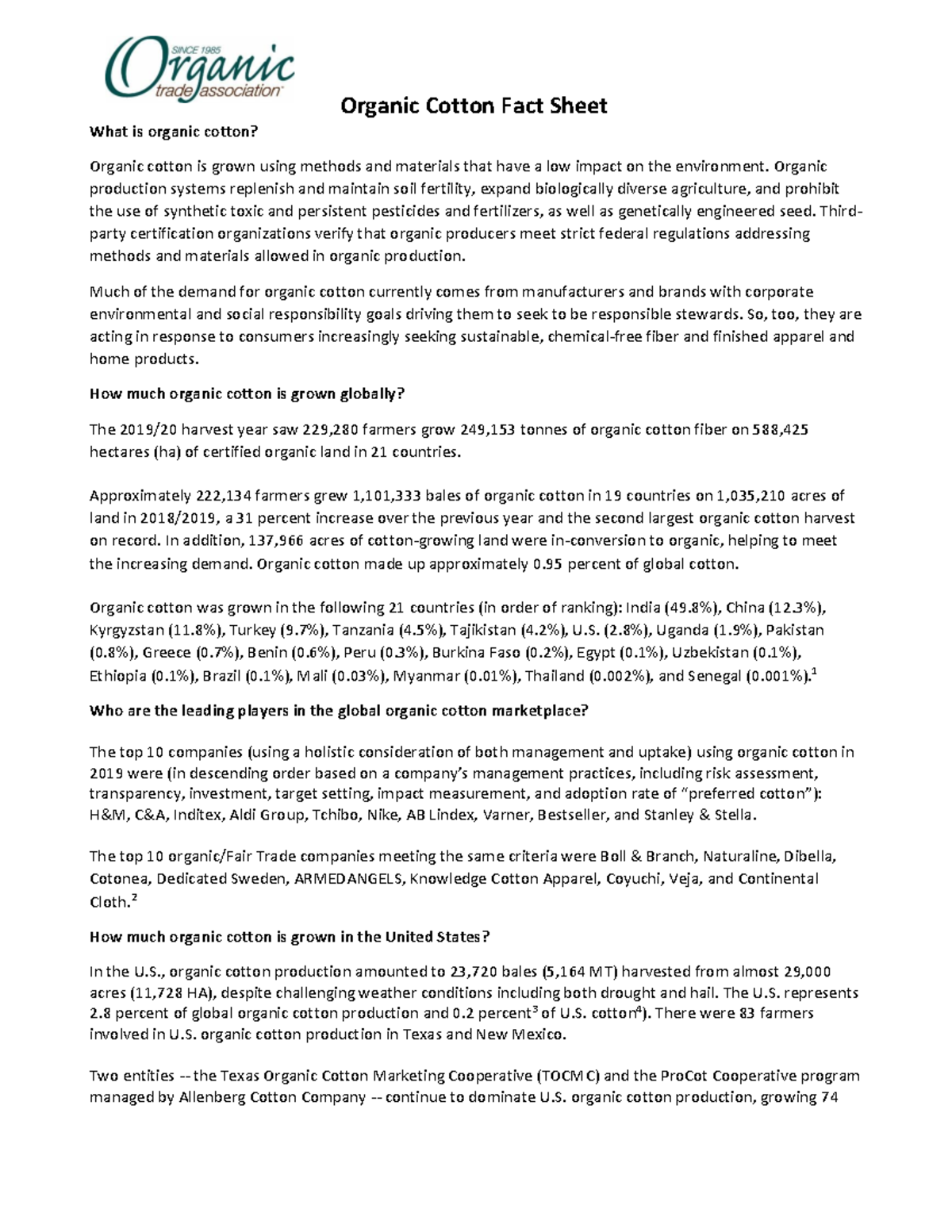OTA Organic Cotton Fact Sheet 101421 - Organic Cotton Fact Sheet What ...