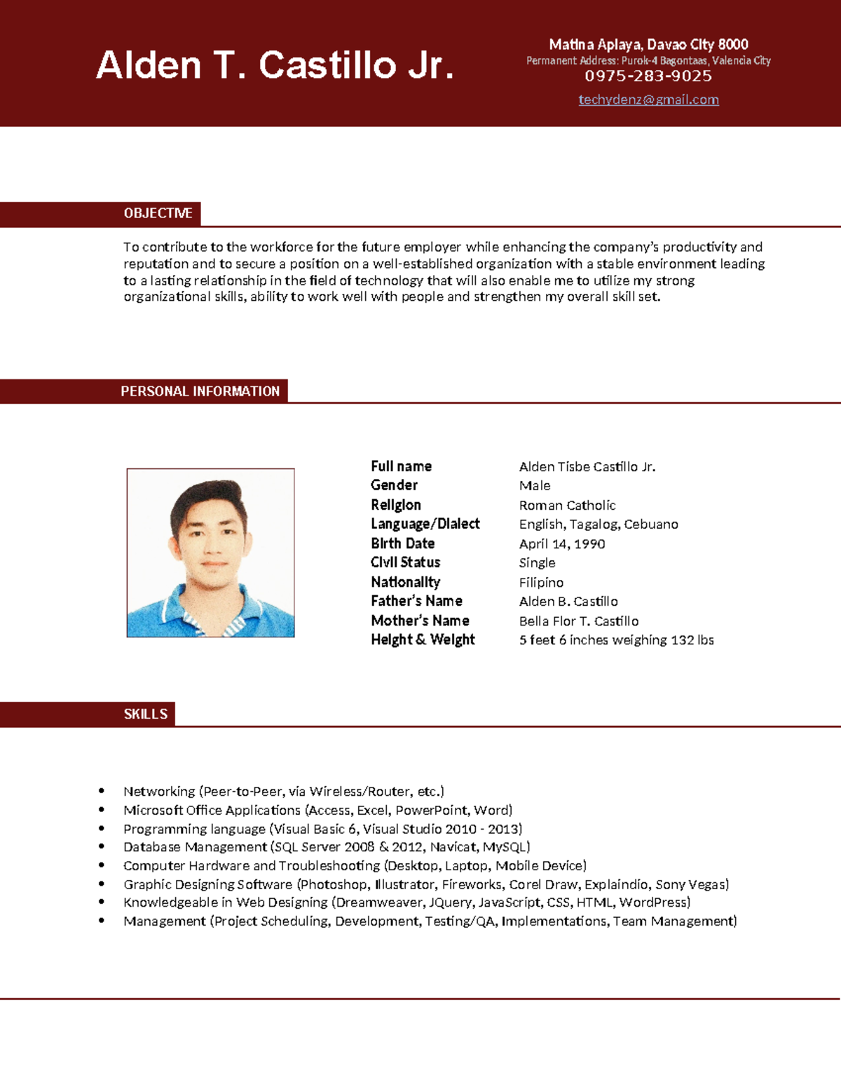 Den Z - Resume - random doc - Matina Aplaya, Davao City 8000 Permanent ...