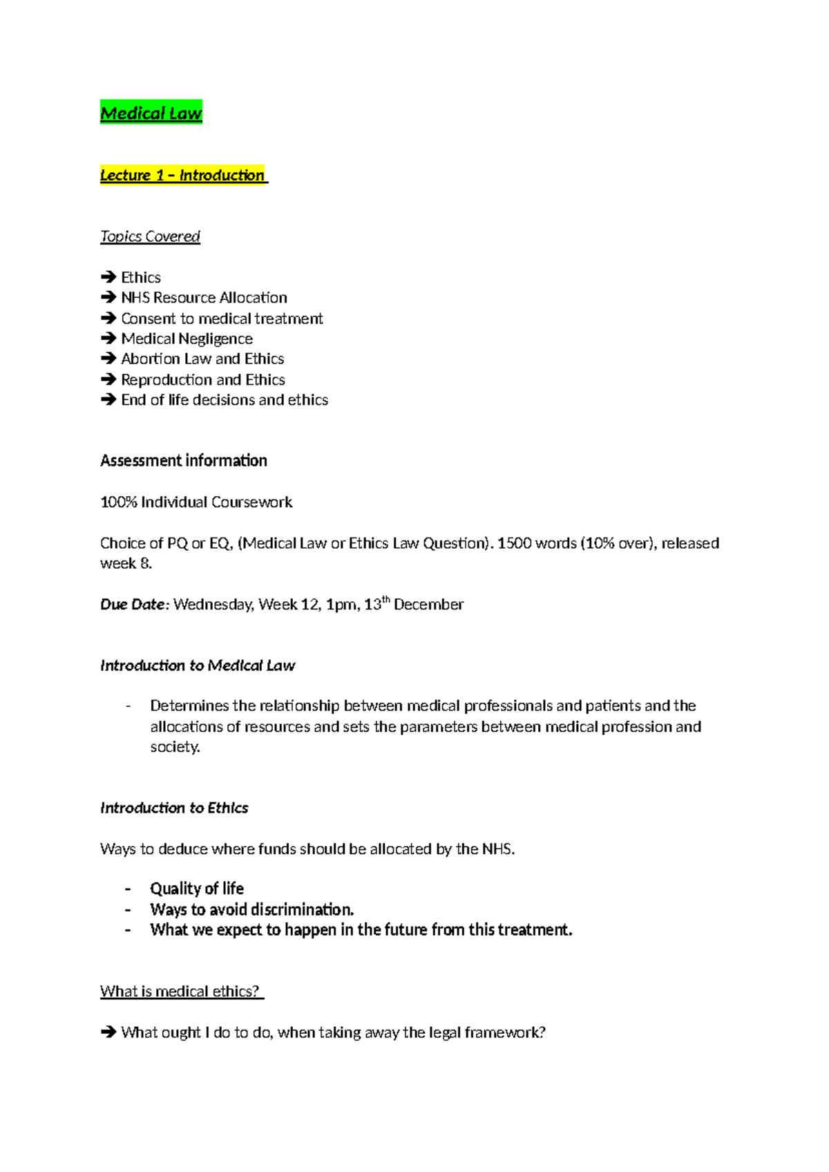 Medical Law and Ethics - Lecture Notes (Final Exam) - Studocu