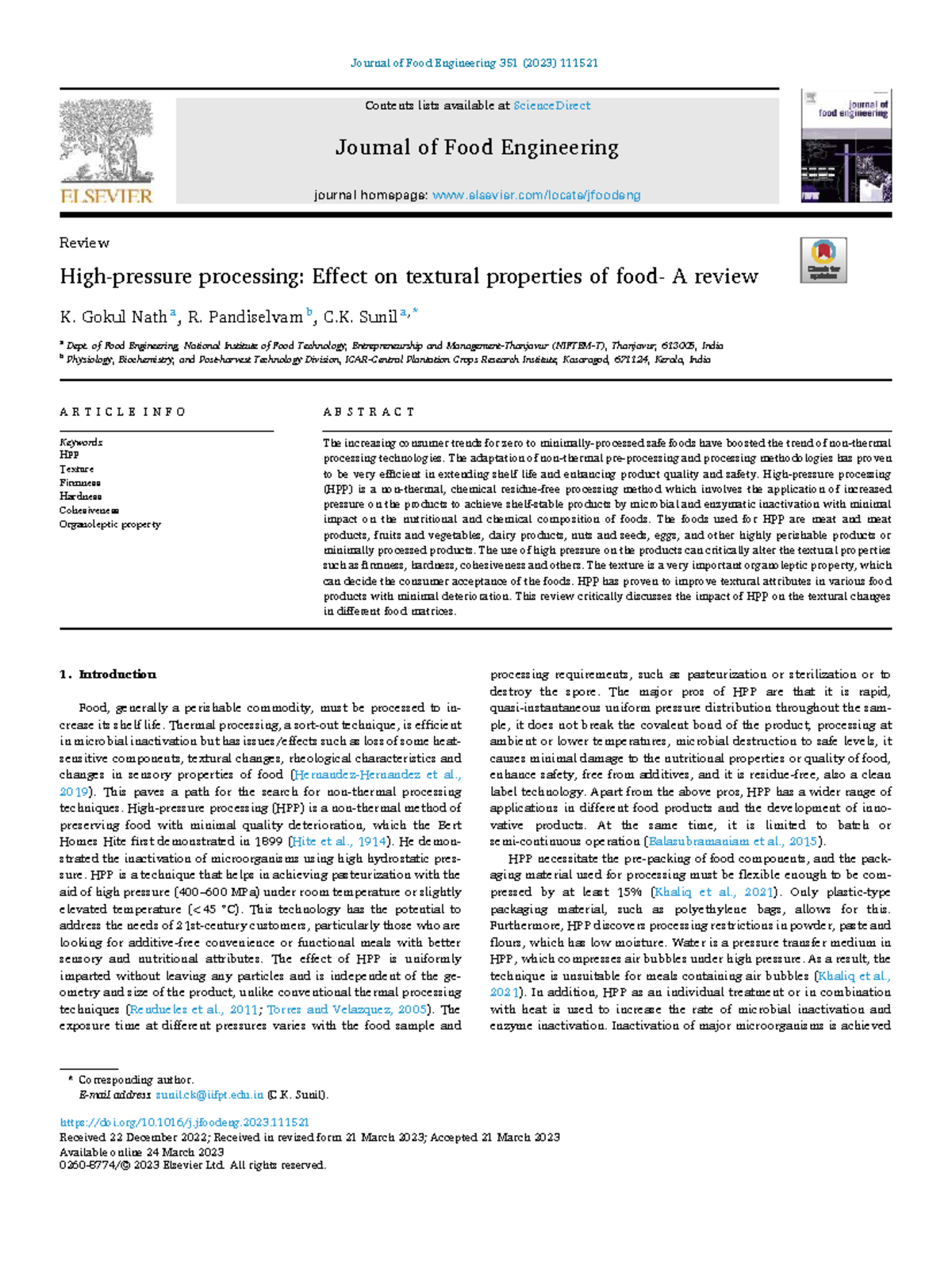 Review on High Pressure Processing (HPP) Effects on Food Texture - JFE ...