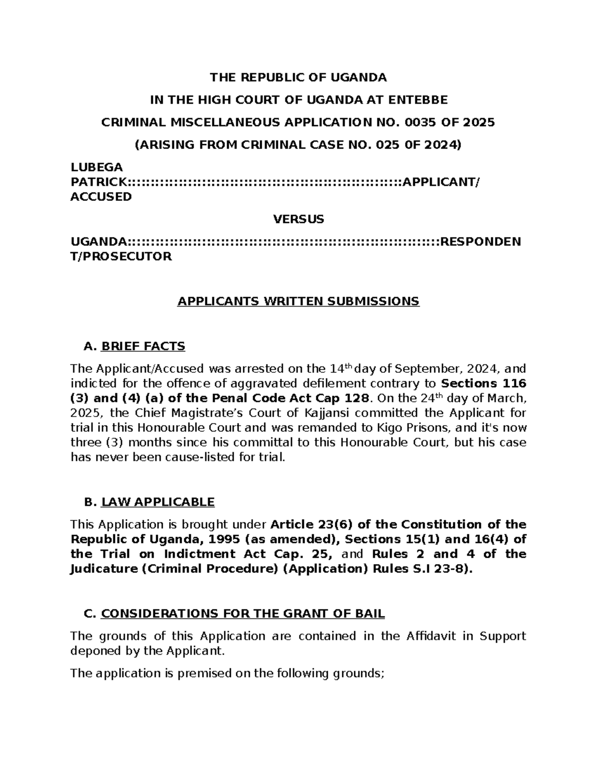 High Court of Uganda: Lubega Patrick's Bail Application Submissions ...
