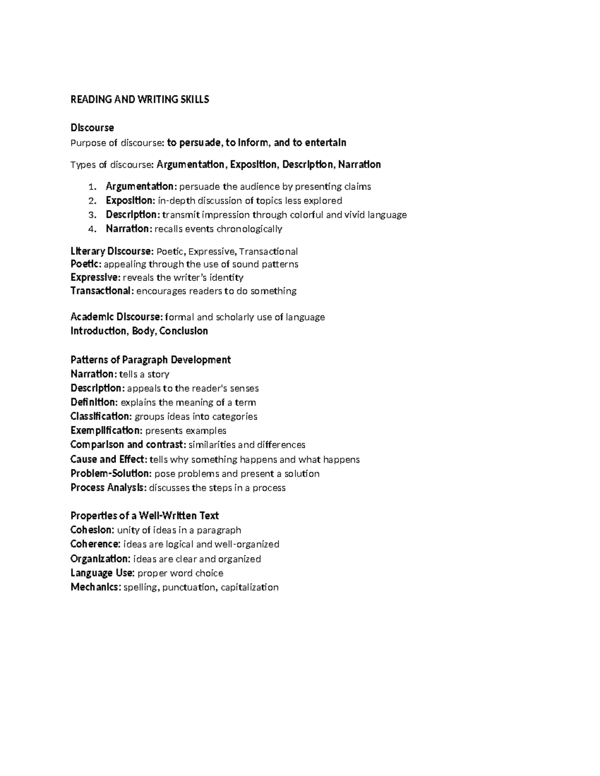 R&W 101: Discourse Types and Paragraph Development Overview - Studocu