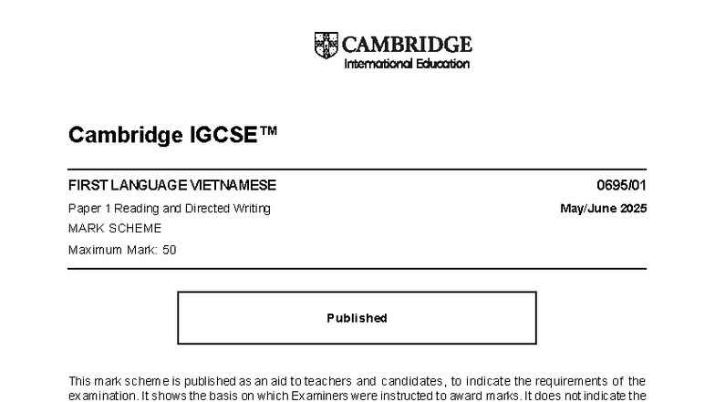 Cambridge IGCSE VIETNAMESE Paper 1 Reading & Writing Mark Scheme 2025 ...