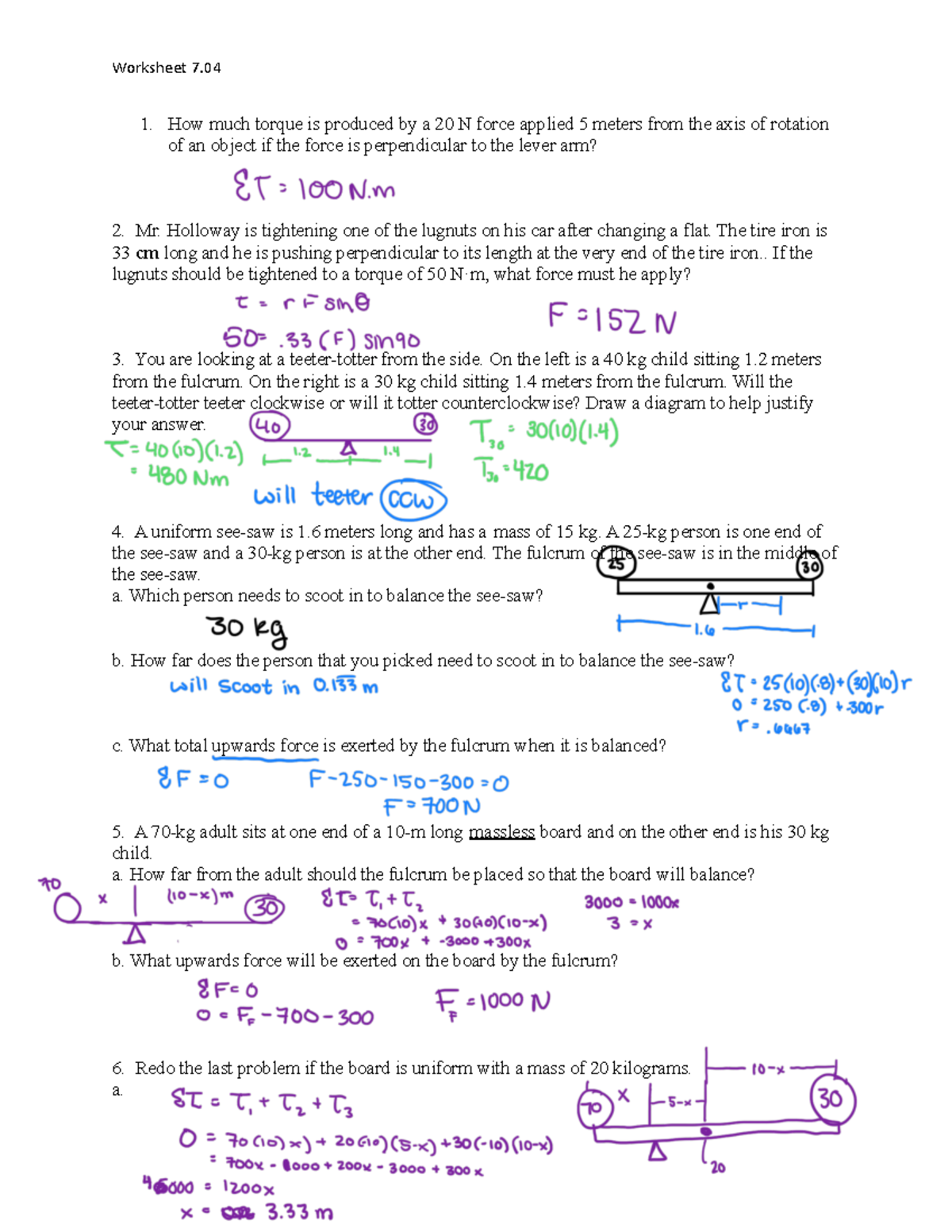 Physics 101: Torque Problems Worksheet 7 Solutions - Studocu