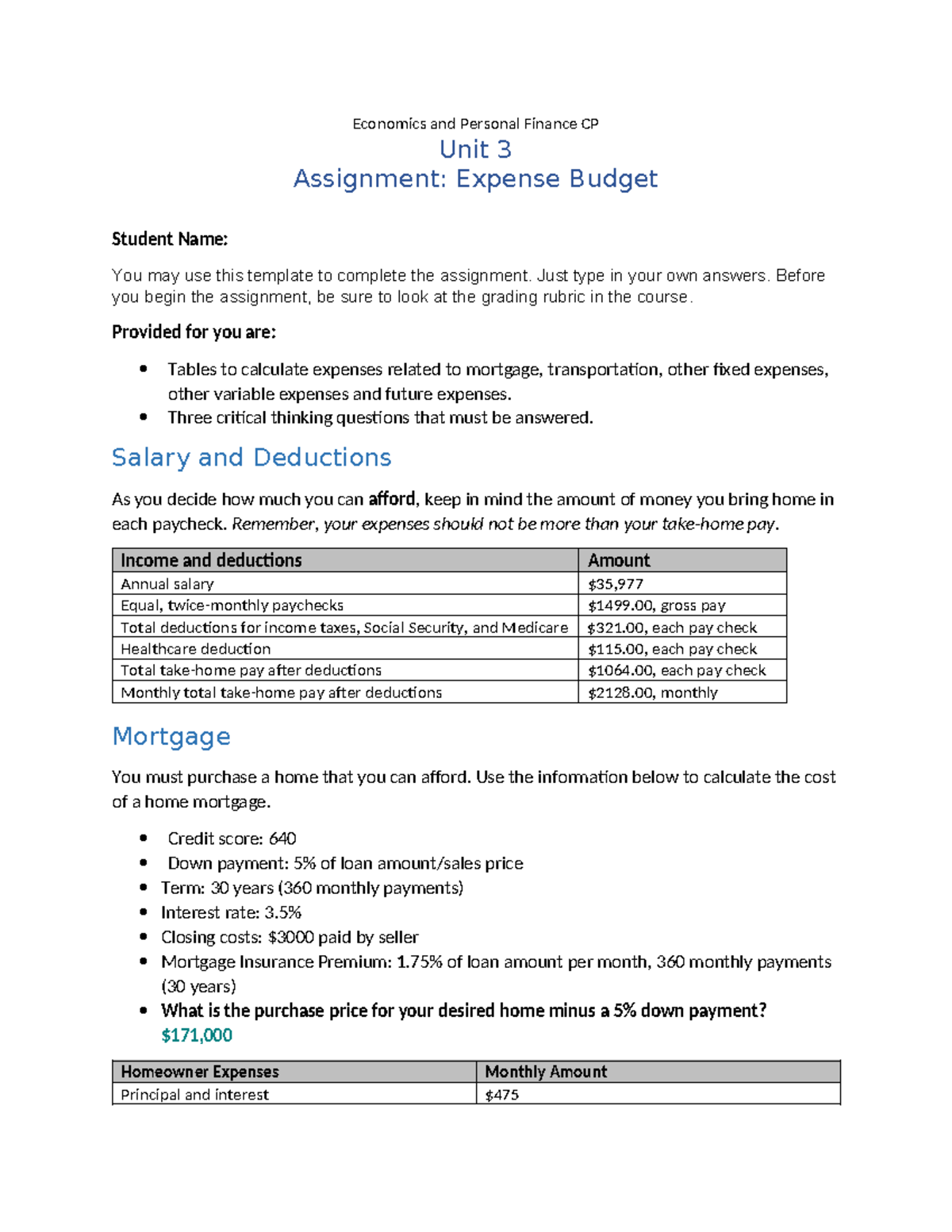 Economics and Personal Finance CP Unit 3: Budget Expenses Assignment ...