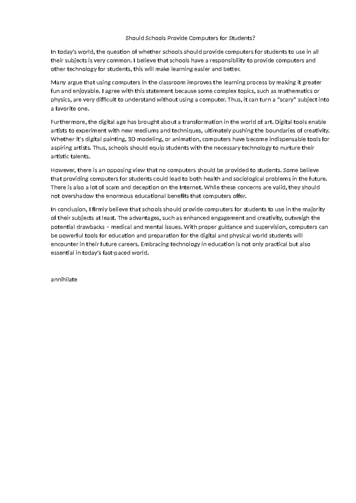 Should Schools Provide Computers for Students - I believe that schools ...