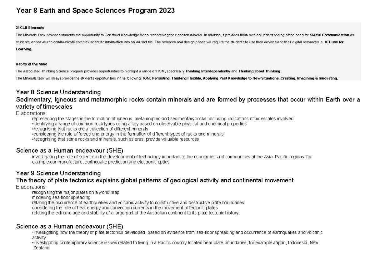 Year 8 Science Program: Earth and Space Sciences 2023 (8SCI) - Studocu