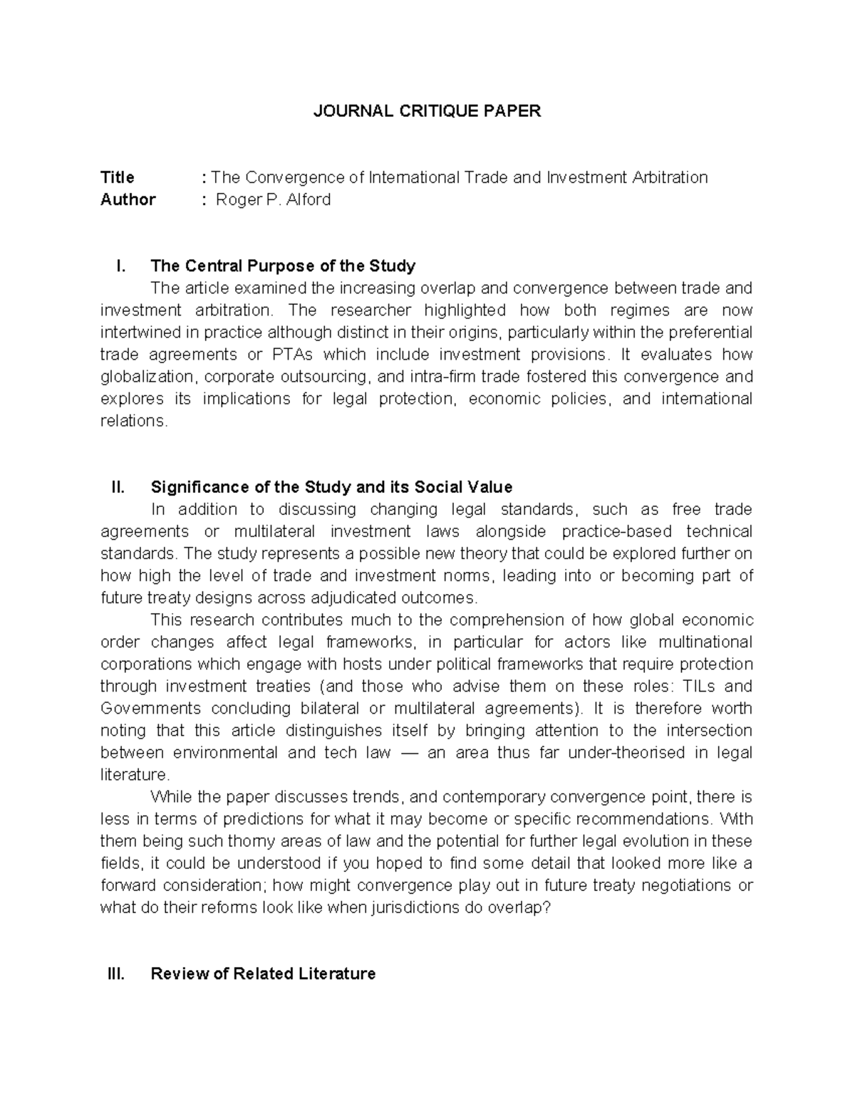 Journal Critique Paper - The Convergence of International Trade and ...
