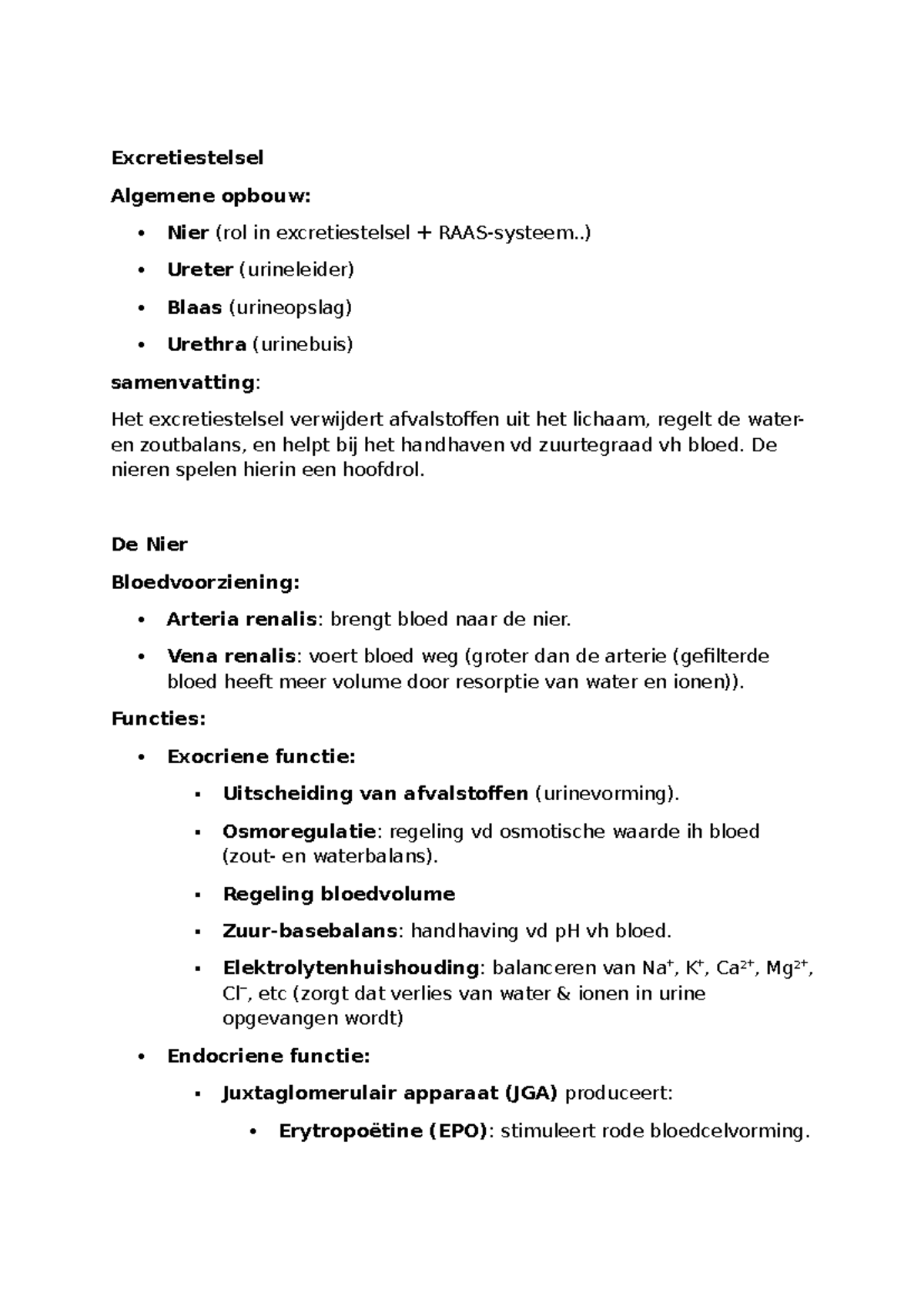 Excretiestelsel Samenvatting: Nierfunctie en Anatomie (Excr 1) - Studocu