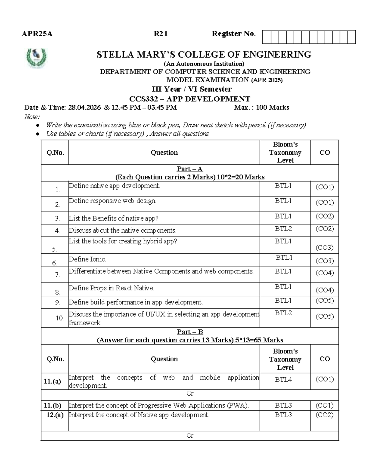 CCS332 Model Exam Questions for App Development - APR 2025 - Studocu