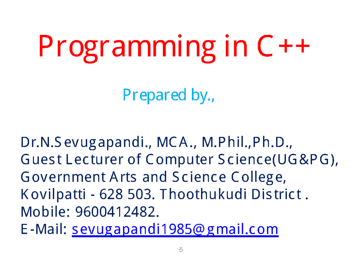 01.UNIT1 C++ - C++ - 1 Programming in C ++ Dr.N evugapandi., MC A ., M ...