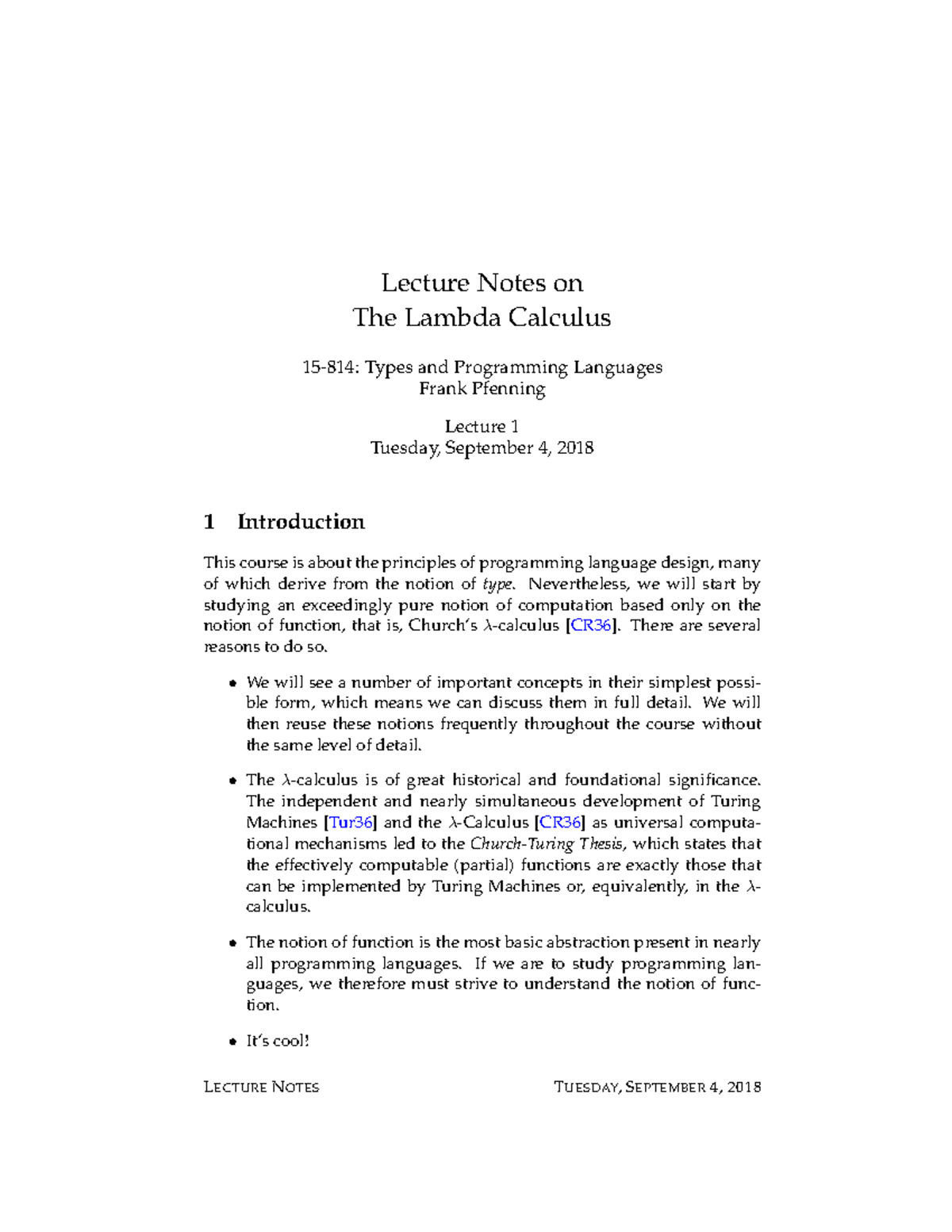 Lambda Calculus Lecture Notes Overview - 15-814-F18 - Studocu