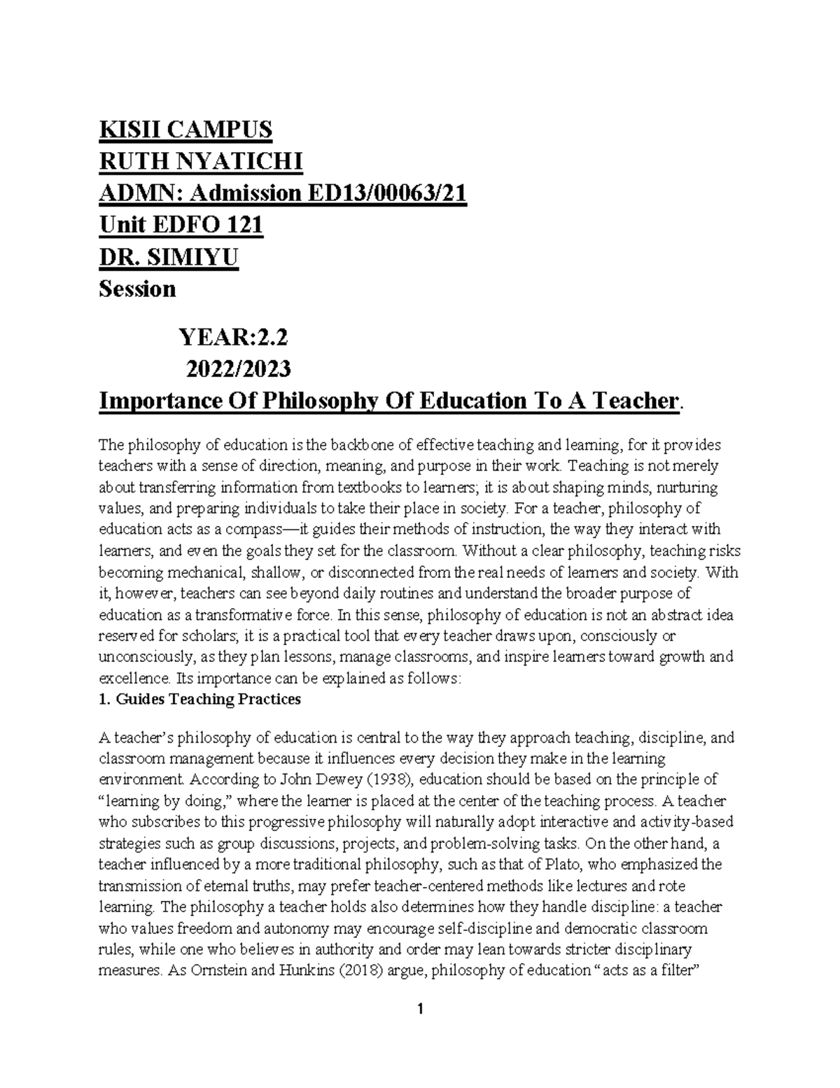 EDFO 121: Importance of Philosophy of Education for Teachers - Studocu