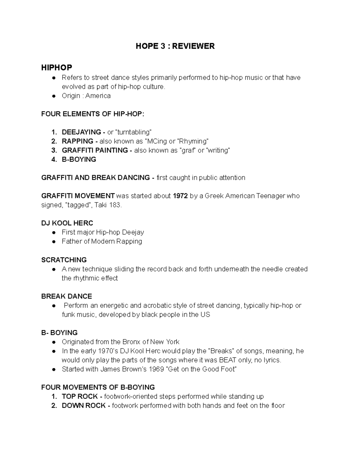 HOPE-3 - Hip-Hop & Cheerleading Moves Final Reviewer - Studocu
