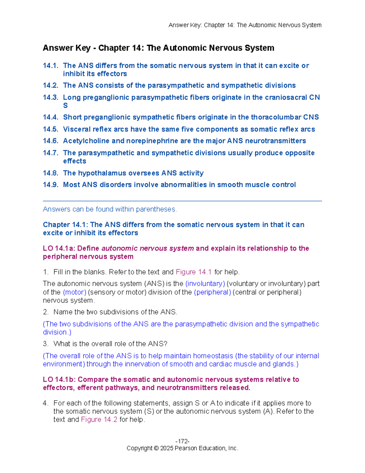 Answer Key: Chapter 14 - The Autonomic Nervous System - Studocu