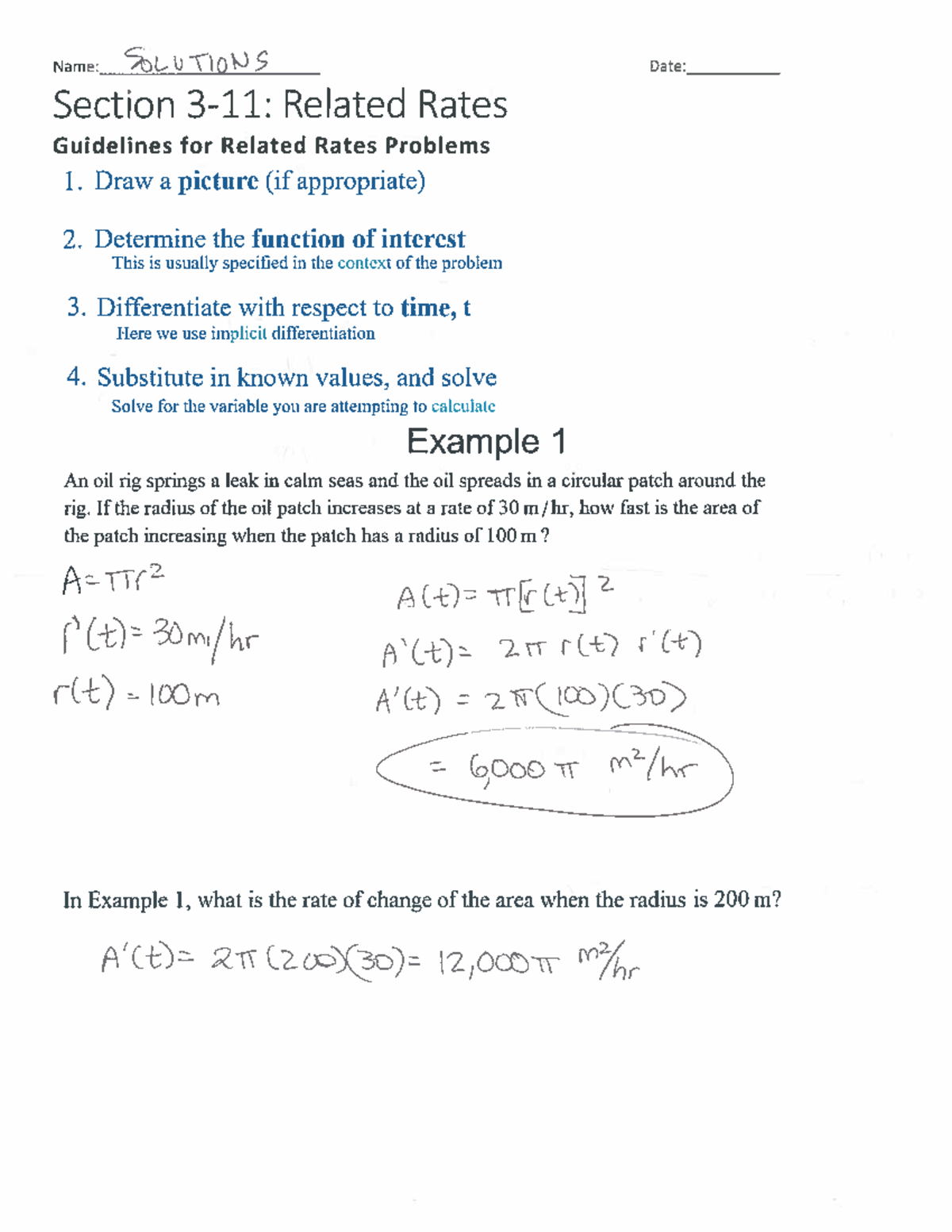 Section 3.11 Related Rates Problem Solutions and Examples - Studocu