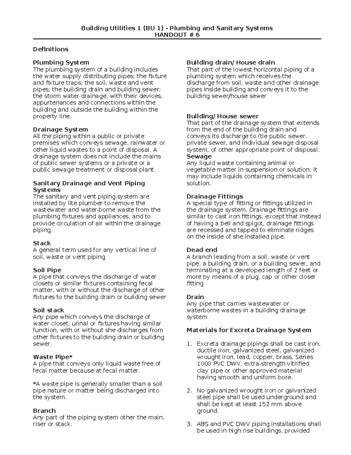 Building Utilities 1 (BU 1) - Sanitary & Plumbing Notes #6 - Studocu