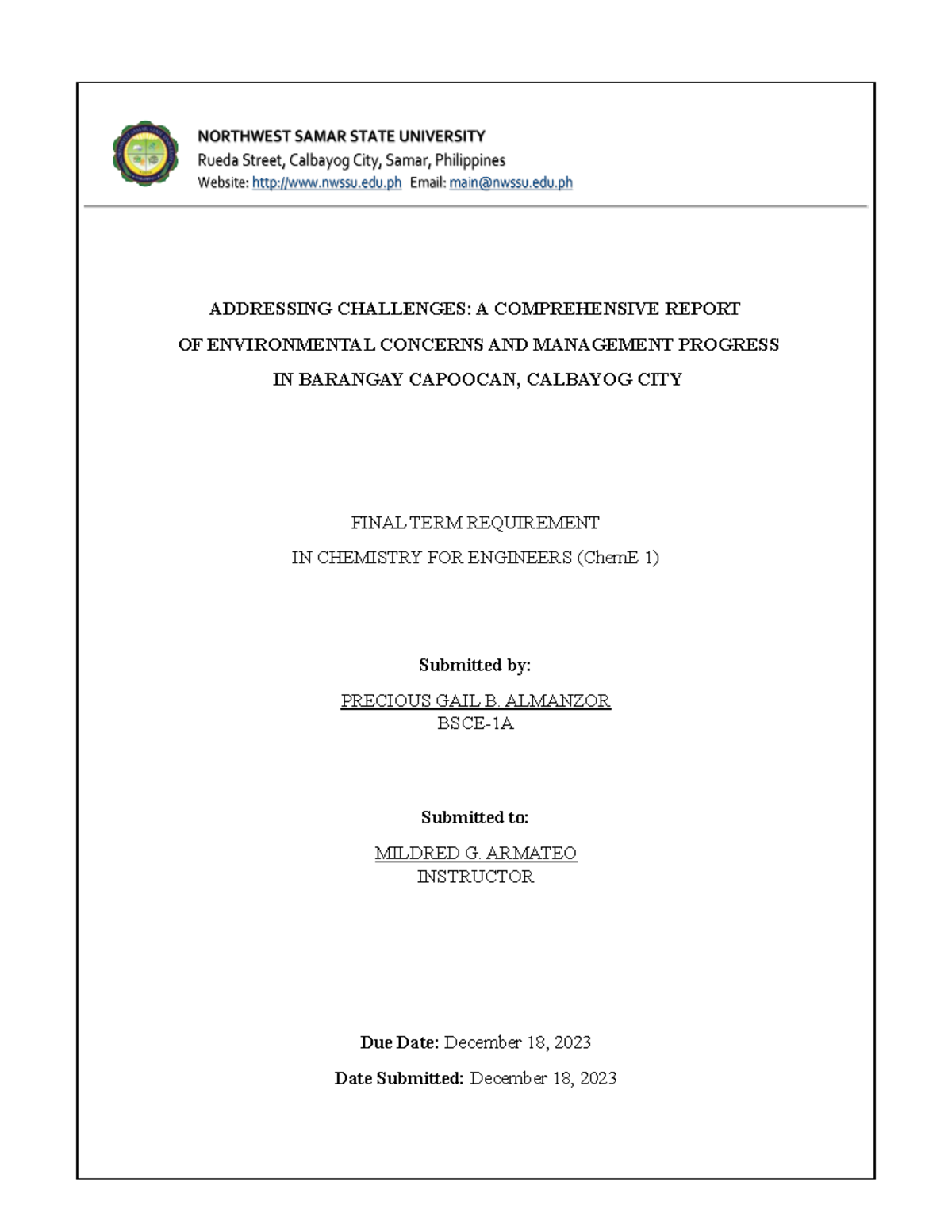 ChemE 1 - Final Term Report on Environmental Management in Brgy ...